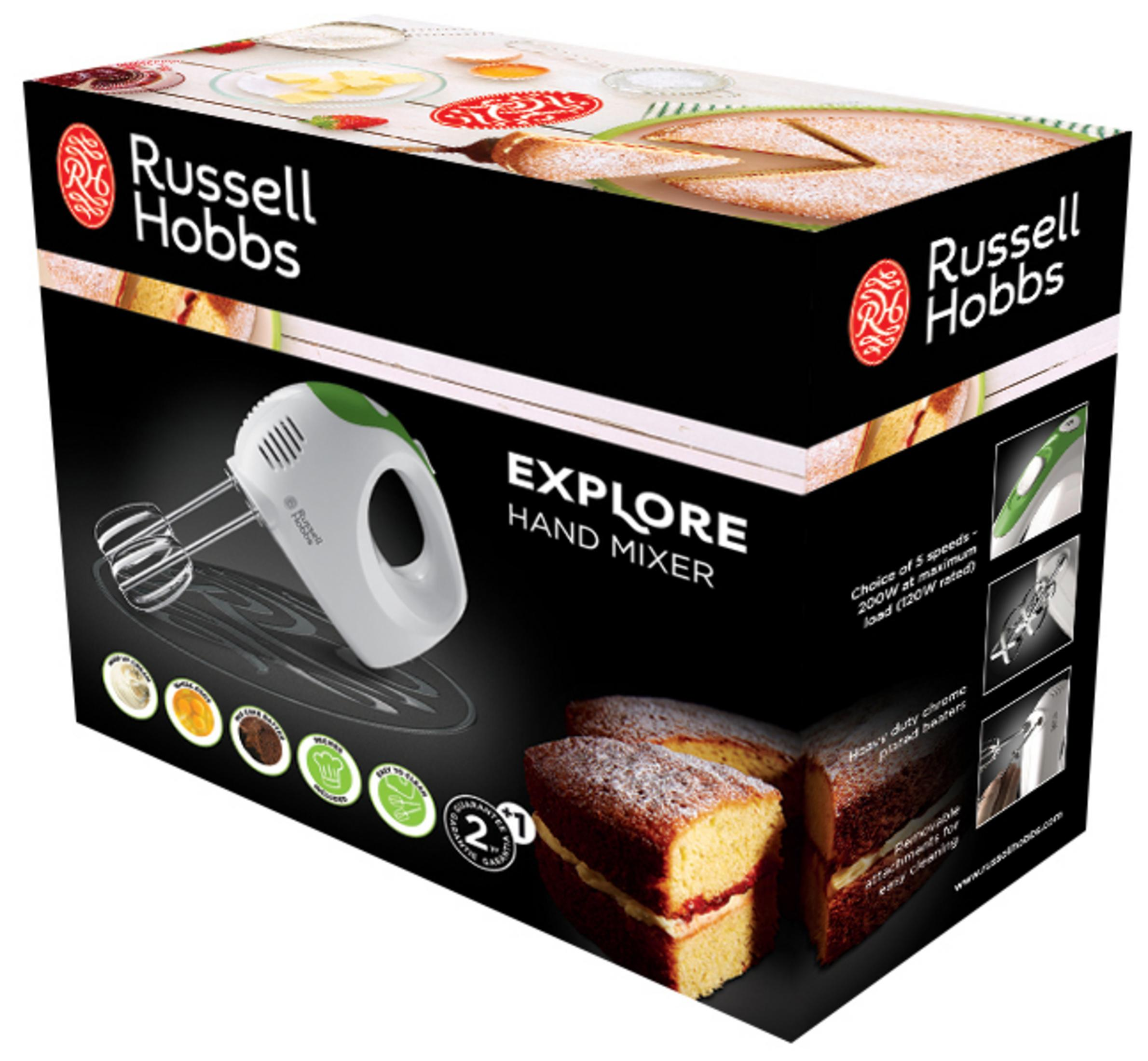 Handmixer-Box. Die Box ist schwarz mit Bildern eines Mixers und Kuchen.