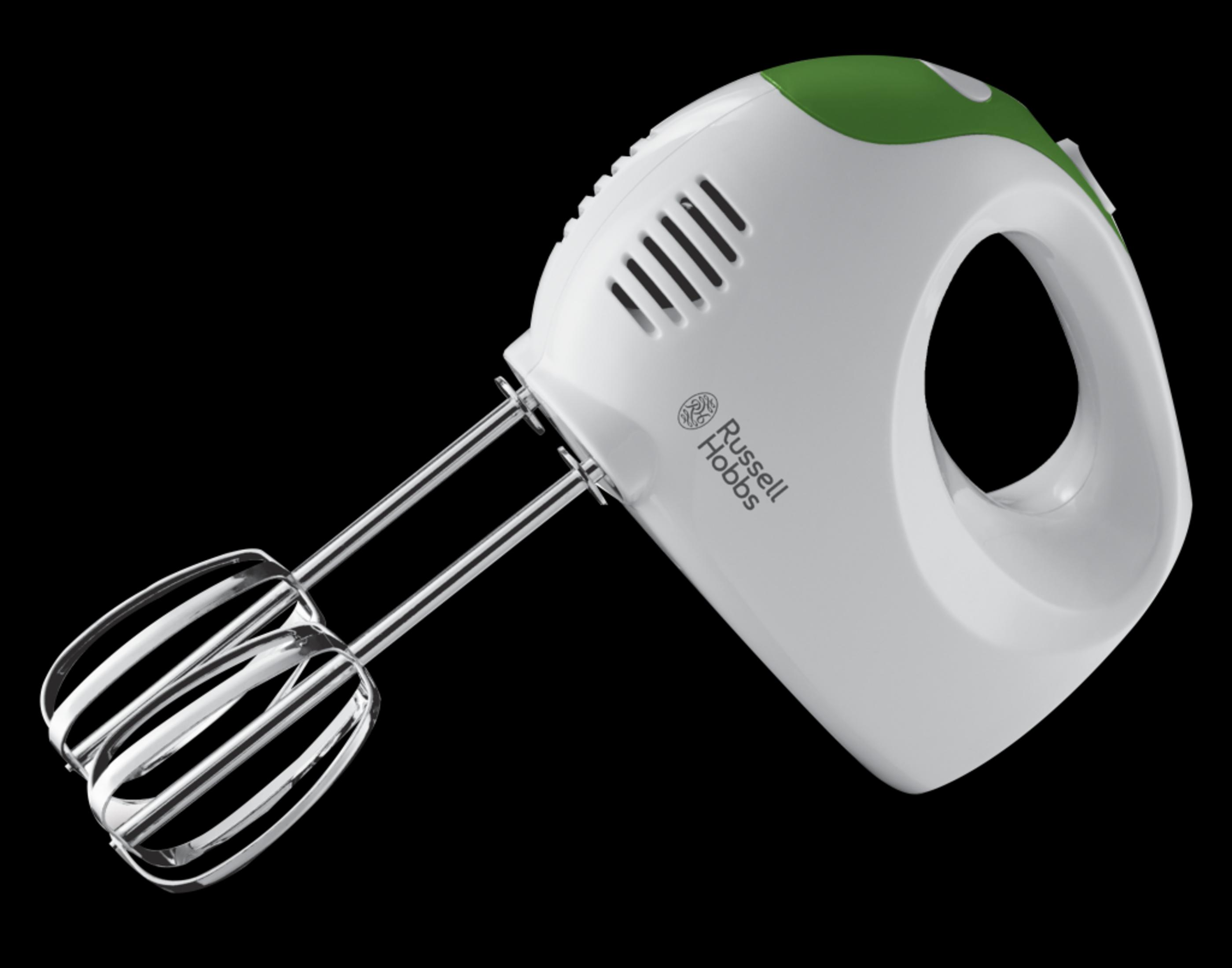 Ein weißer und grüner Handmixer auf schwarzem Hintergrund. Er hat Rührbesen befestigt.
