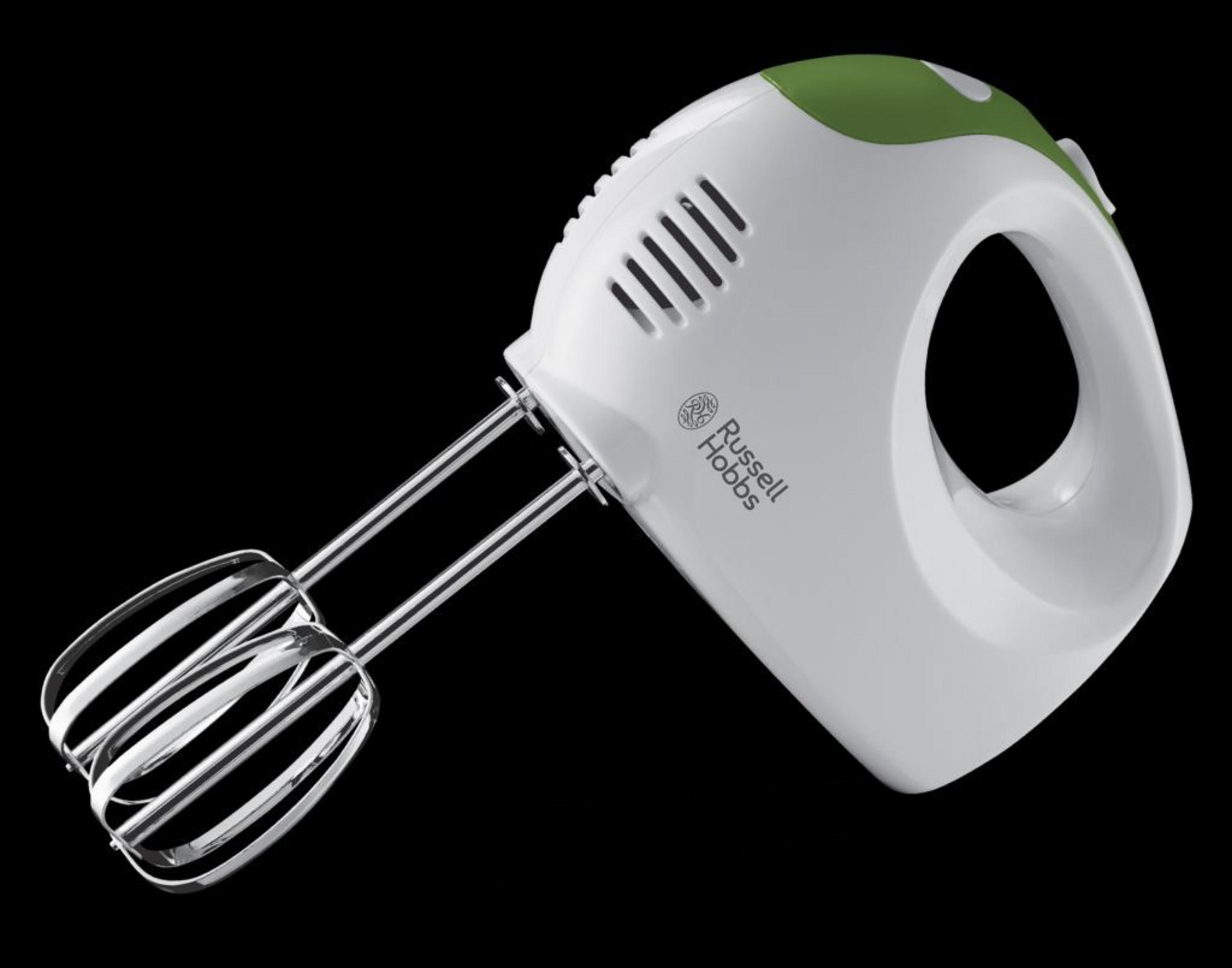 Handmixer, weiß und grün. Das Bild zeigt eine detaillierte Ansicht des Geräts auf schwarzem Hintergrund.