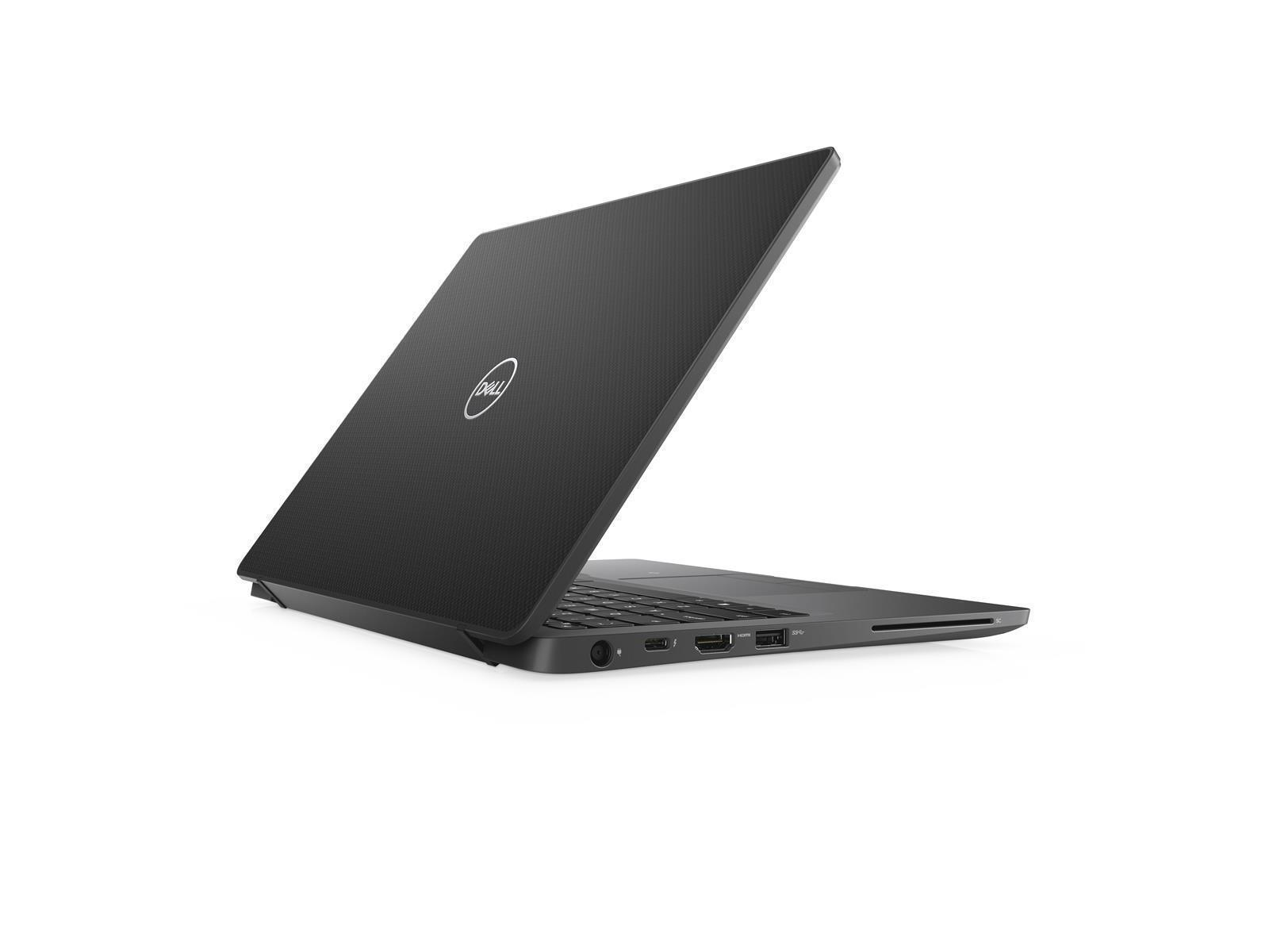 Dell Laptop mit schwarzem Äußeren, in einem Winkel geöffnet.