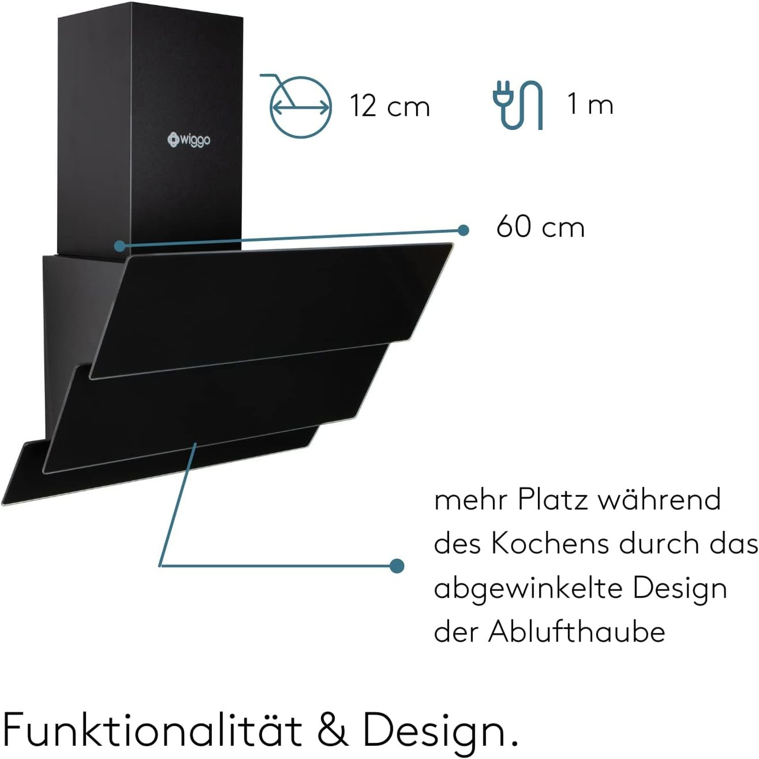 Zwarte afzuigkap met afmetingen, op een witte achtergrond, met tekst over design en functionaliteit.