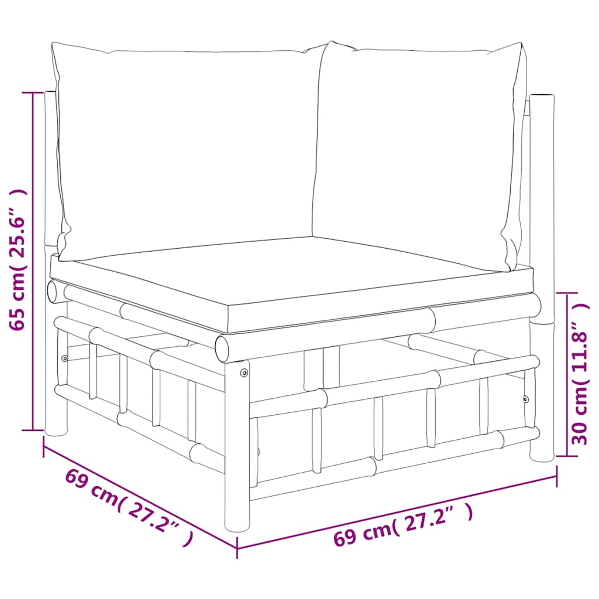 Diagramm eines Bambussofas mit Abmessungen in Zentimetern und Zoll.