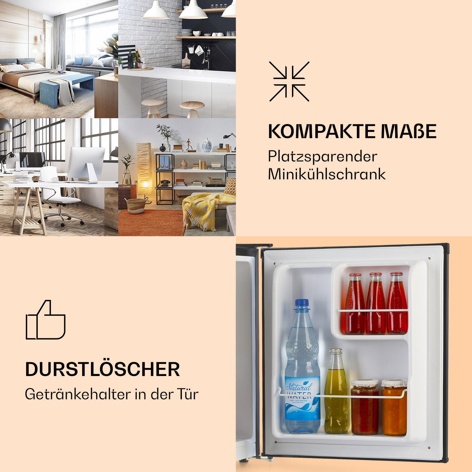 Minikühlschrank mit Bildern von Räumen, Getränken und Text. Getränke im Kühlschrank, kompakte Größe.
