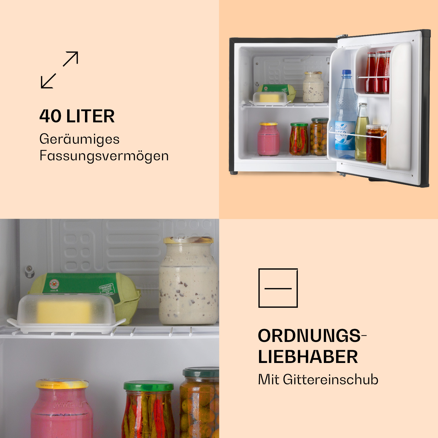 Ein kleiner Kühlschrank mit Gegenständen im Inneren, darunter Gläser und Flaschen.