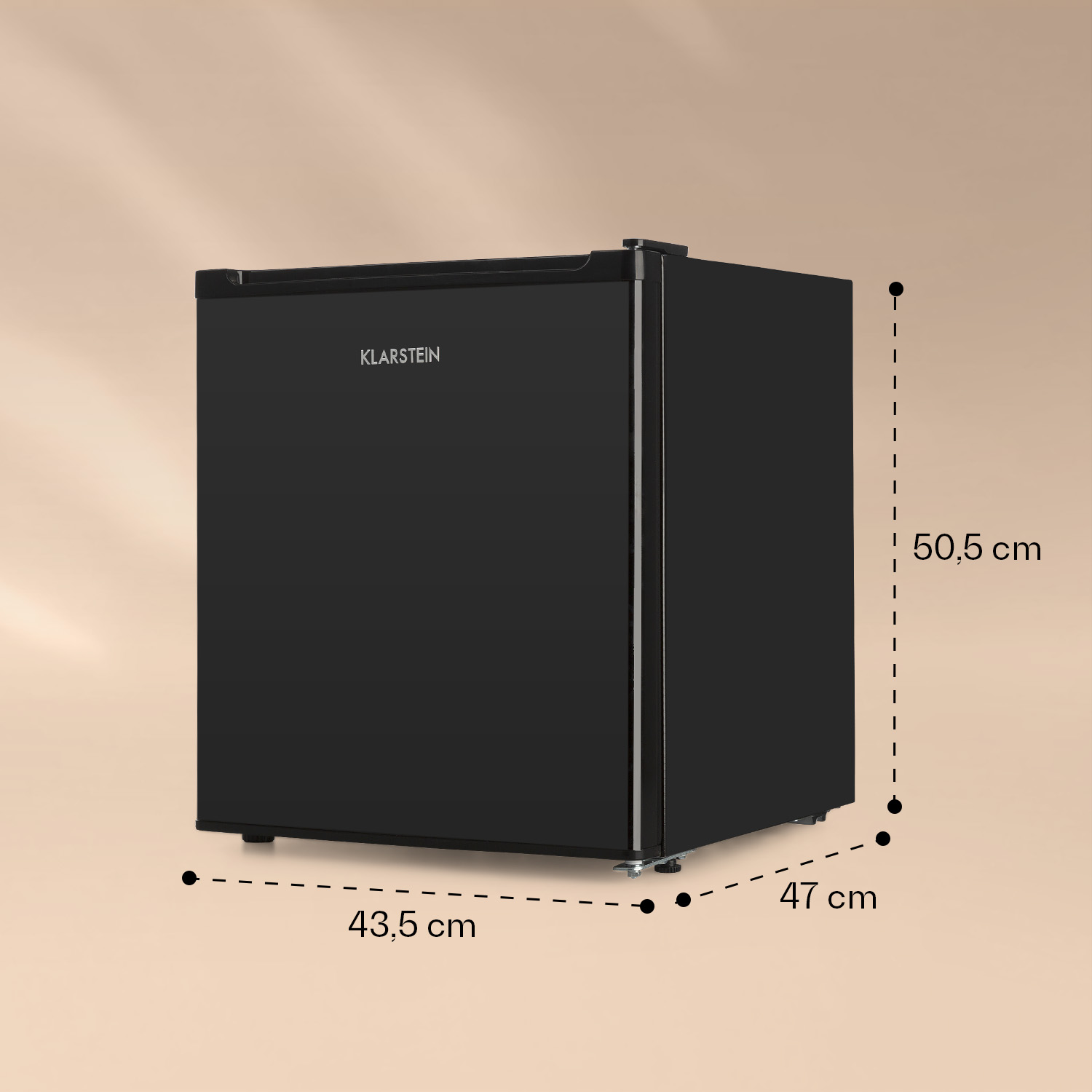 Schwarzer Mini-Kühlschrank mit Abmessungen. Klein, quadratisch und modernes Design.