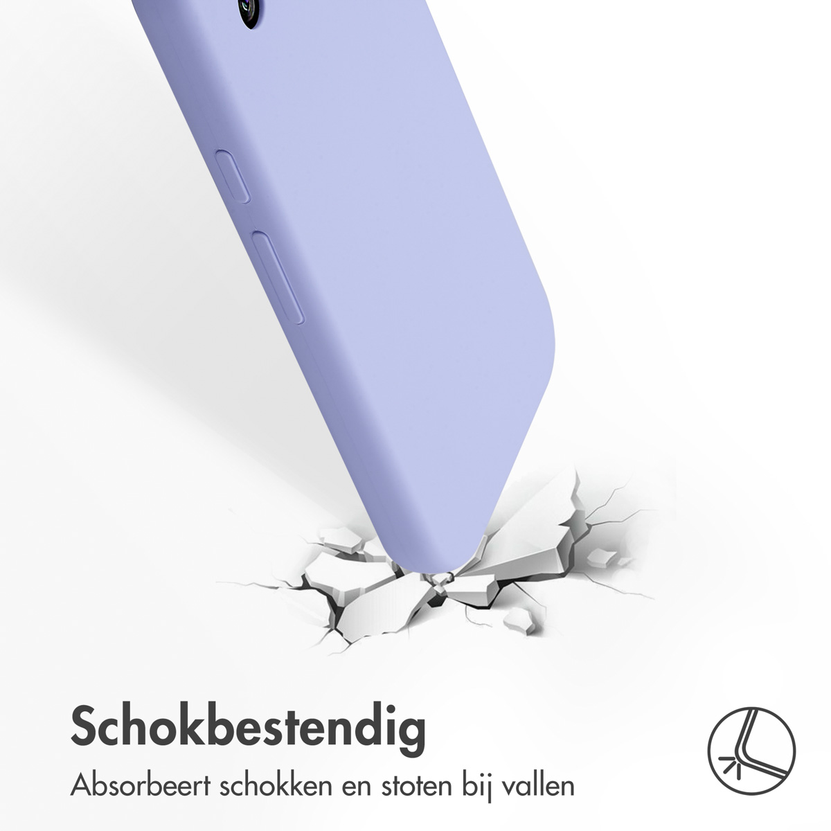 Een lavendelkleurige telefoonhoes valt en barst het oppervlak eronder. Tekst luidt 'Schokbestendig'.