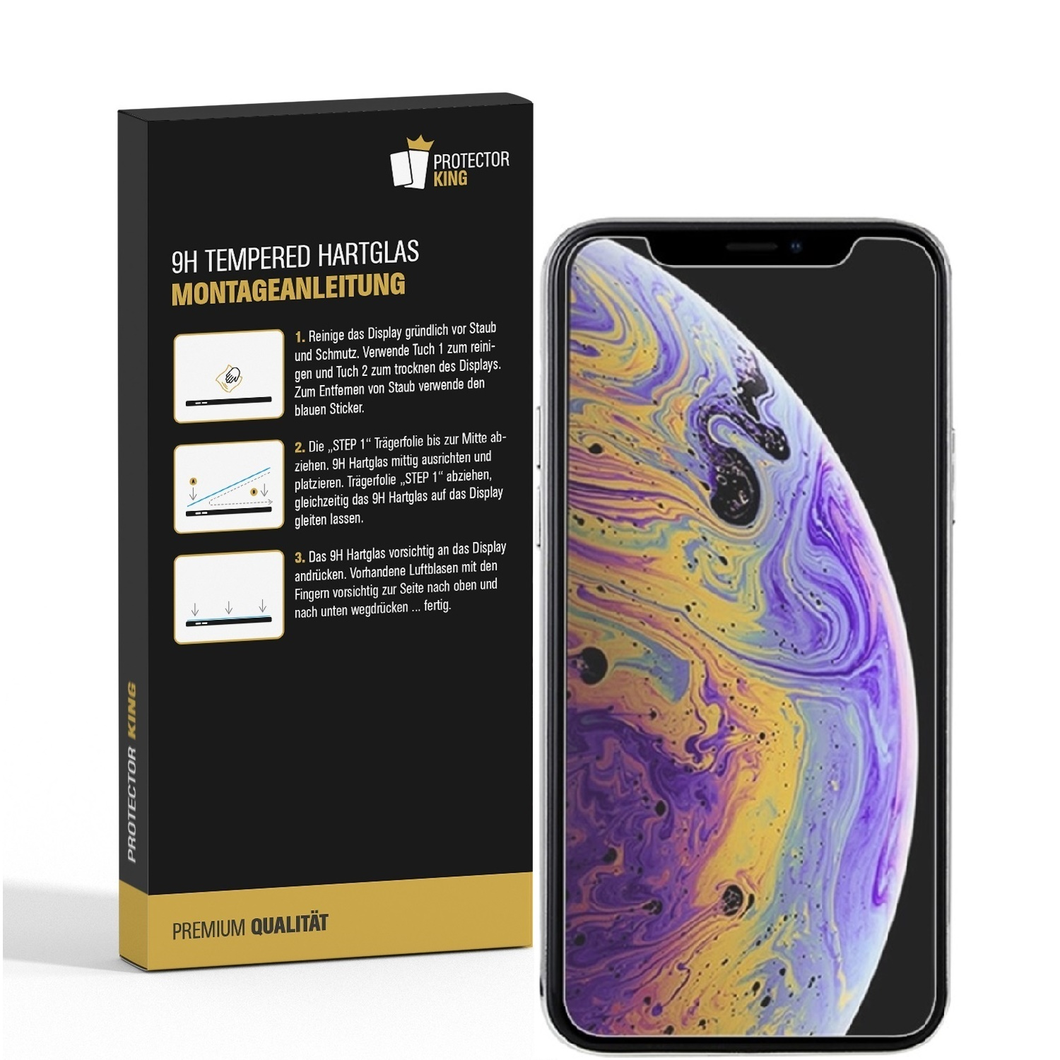 Schutzglas auf einem Telefon und seine Verpackung. Anweisungen und das Telefon werden angezeigt.