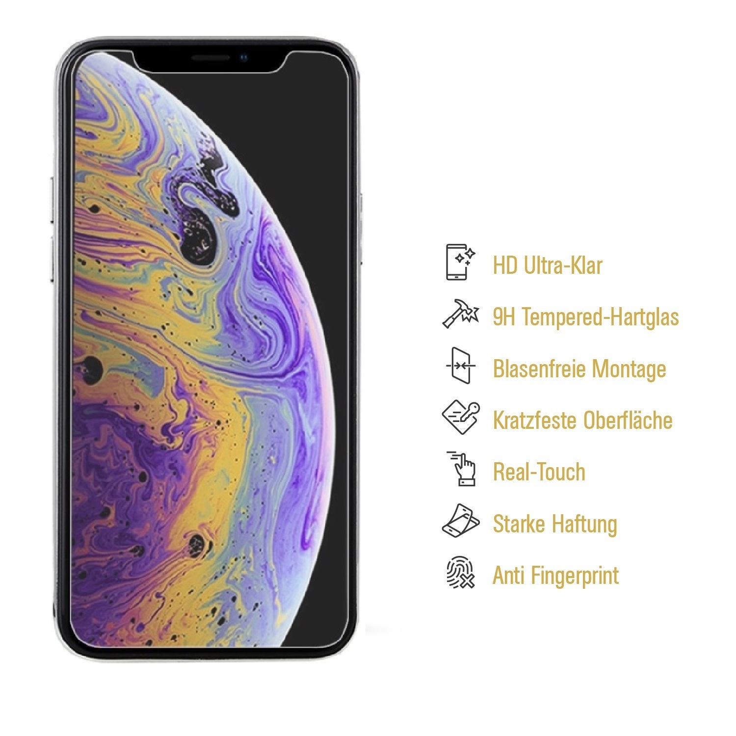 Telefon mit angebrachtem Displayschutz. Funktionen-Icons auf der rechten Seite.