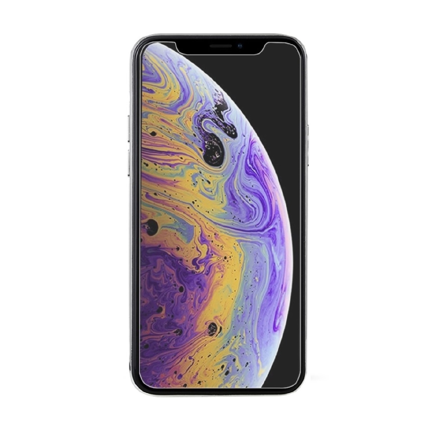 Nahaufnahme eines Smartphone-Bildschirms mit farbenfrohem, abstrakten Design. Das Telefon vor weißem Hintergrund.