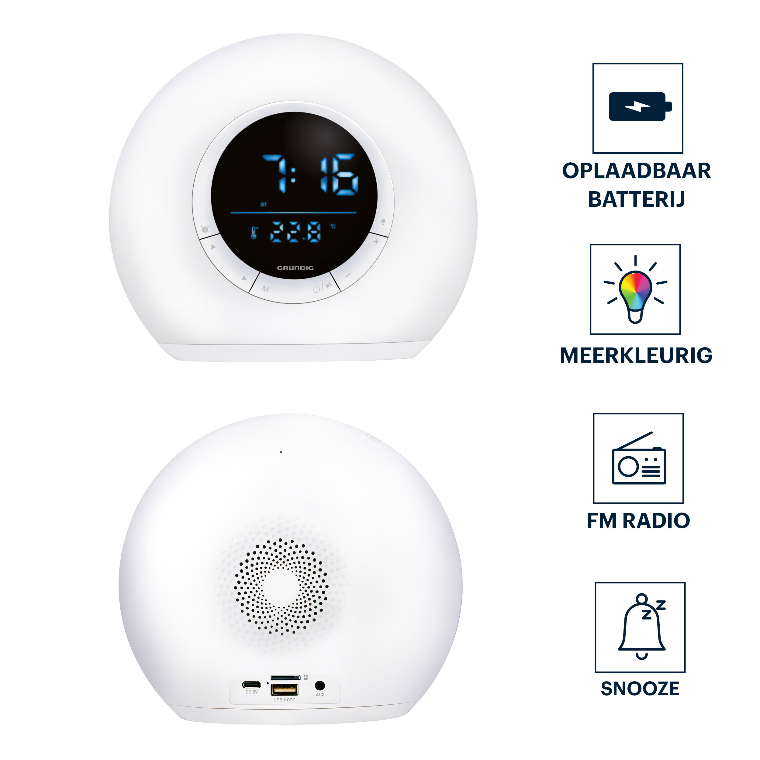Een witte wekker met digitaal display. Kenmerken zijn een oplaadbare batterij, meerkleurig licht, FM-radio en snooze.