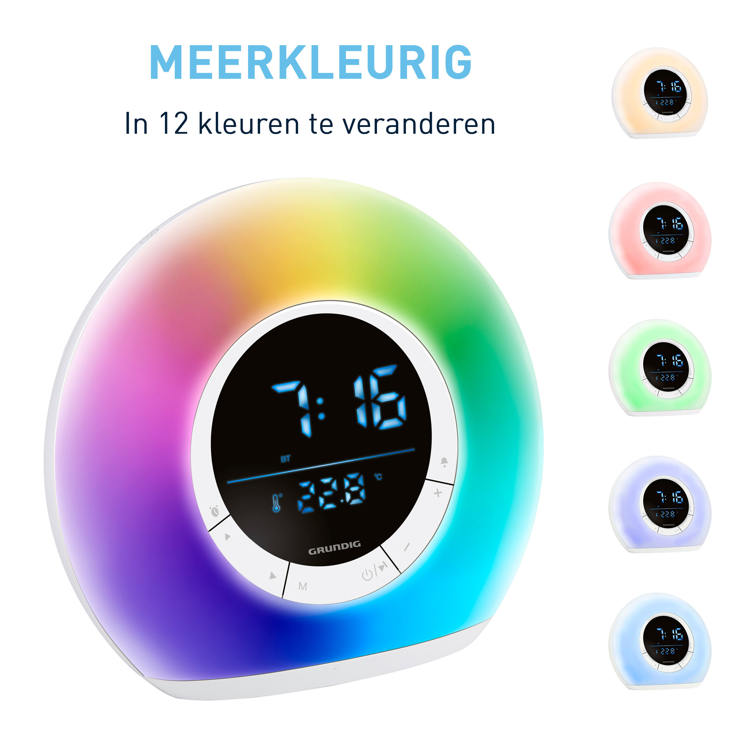 Een veelkleurige, ronde wekker met tijdweergave. Het heeft een digitaal display en een regenboog gloed.