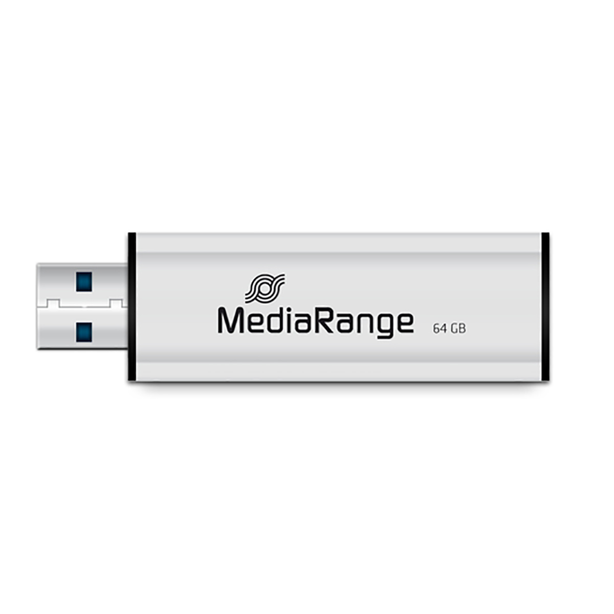 Srebrny pendrive z czarnymi akcentami. Widoczne logo MediaRange.