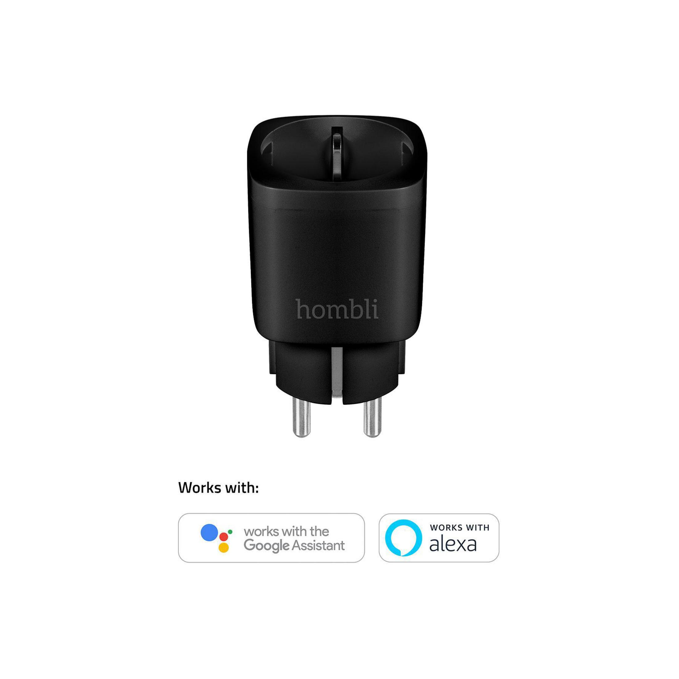 Schwarzer hombli Smart Plug. Der Stecker ist eingesteckt. Funktioniert mit Google Assistant und Alexa.