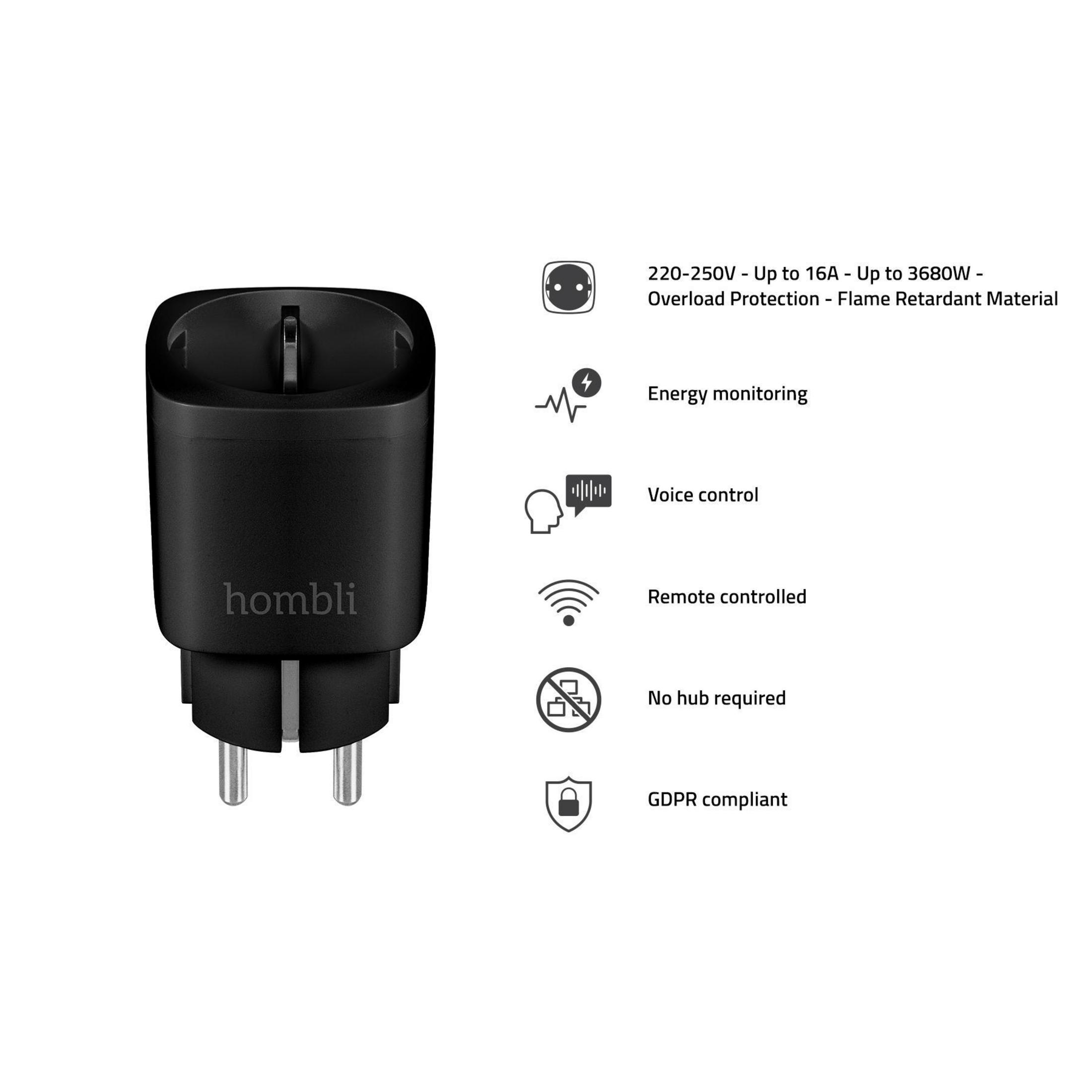 Ein schwarzer Stecker mit Informationen über seine Funktionen und Symbolen.