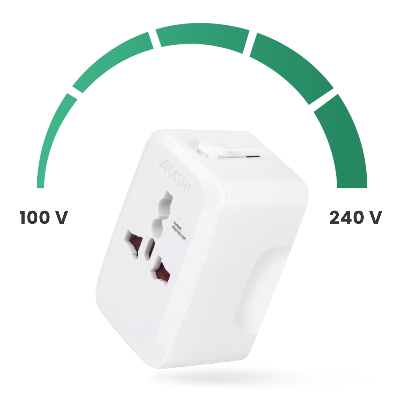 Adattatore da viaggio Akashi bianco, che mostra un intervallo di tensione tra 100V e 240V.