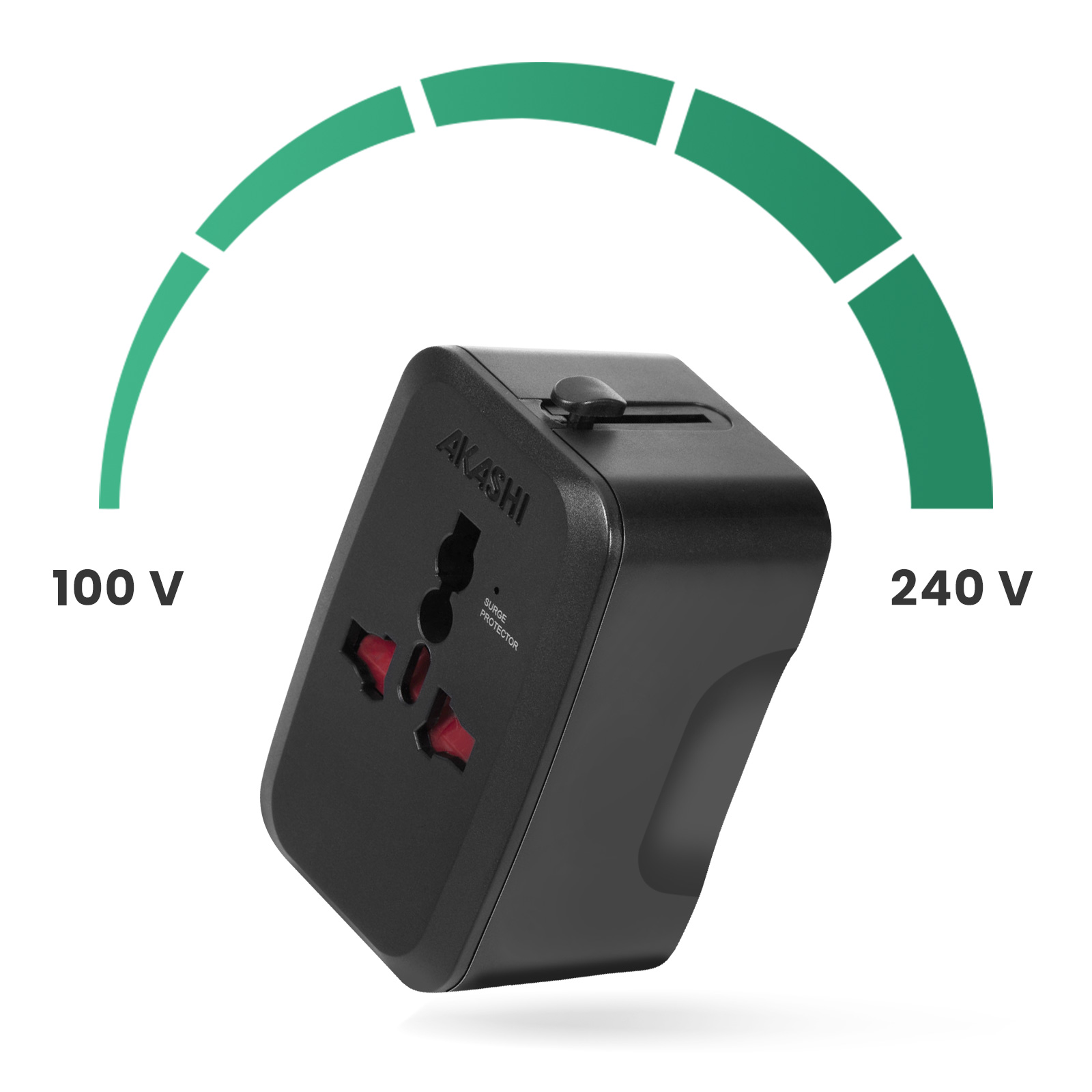 Adattatore di alimentazione nero con porte rosse, intervallo di tensione 100V-240V, sfondo bianco.