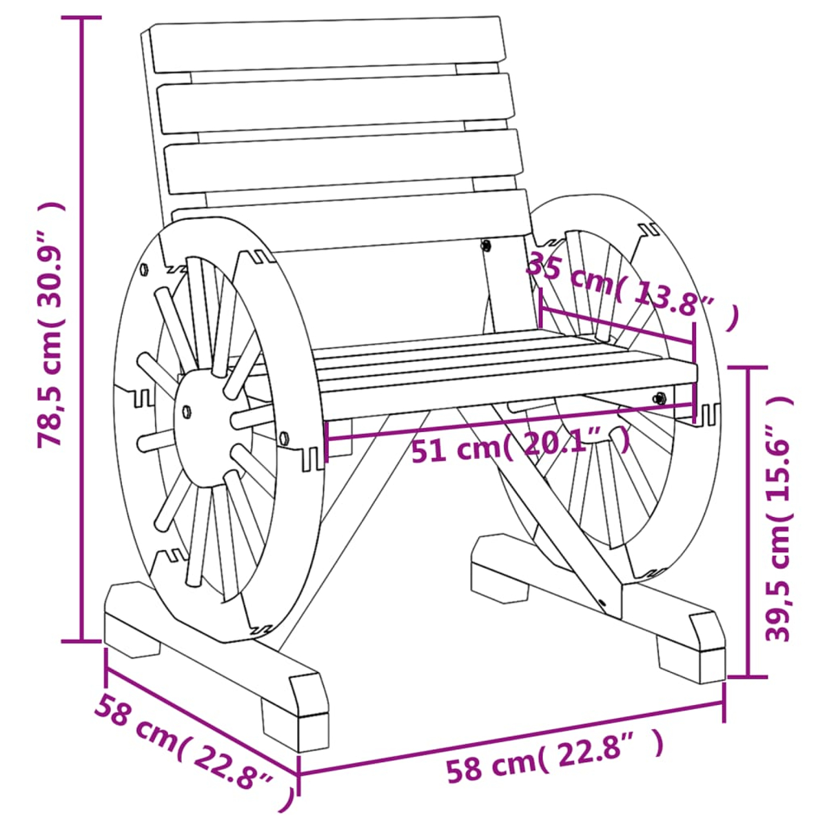 Diagramm eines Holzstuhls mit Rädern, der seine Abmessungen zeigt.