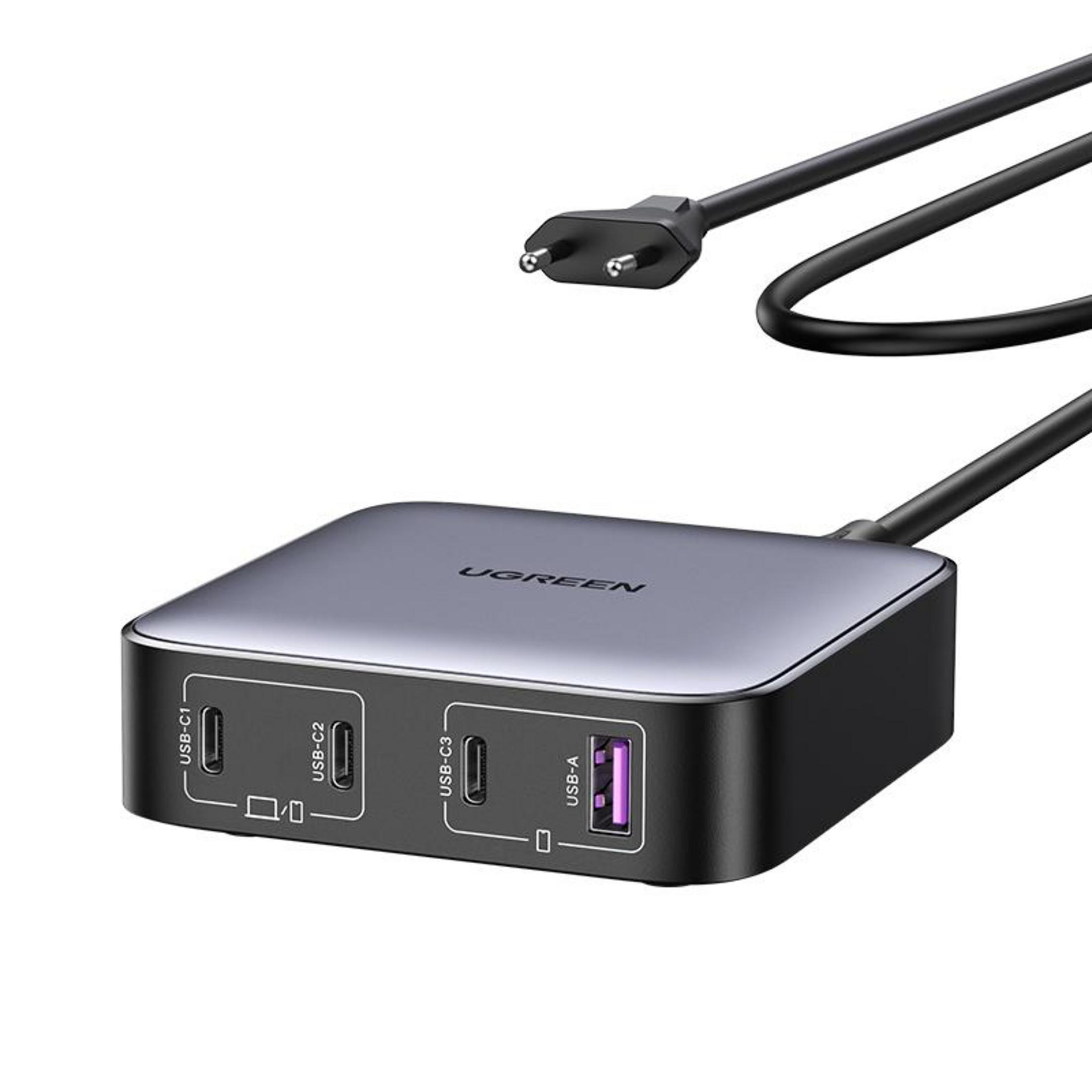 Un hub di ricarica USB nero con più porte. Il dispositivo ha un logo UGREEN argentato.