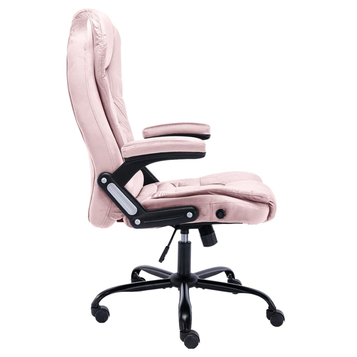 Rosa Bürostuhl, Seitenansicht, mit hohem Rücken, Armlehnen und schwarzem Fuß mit Rollen.