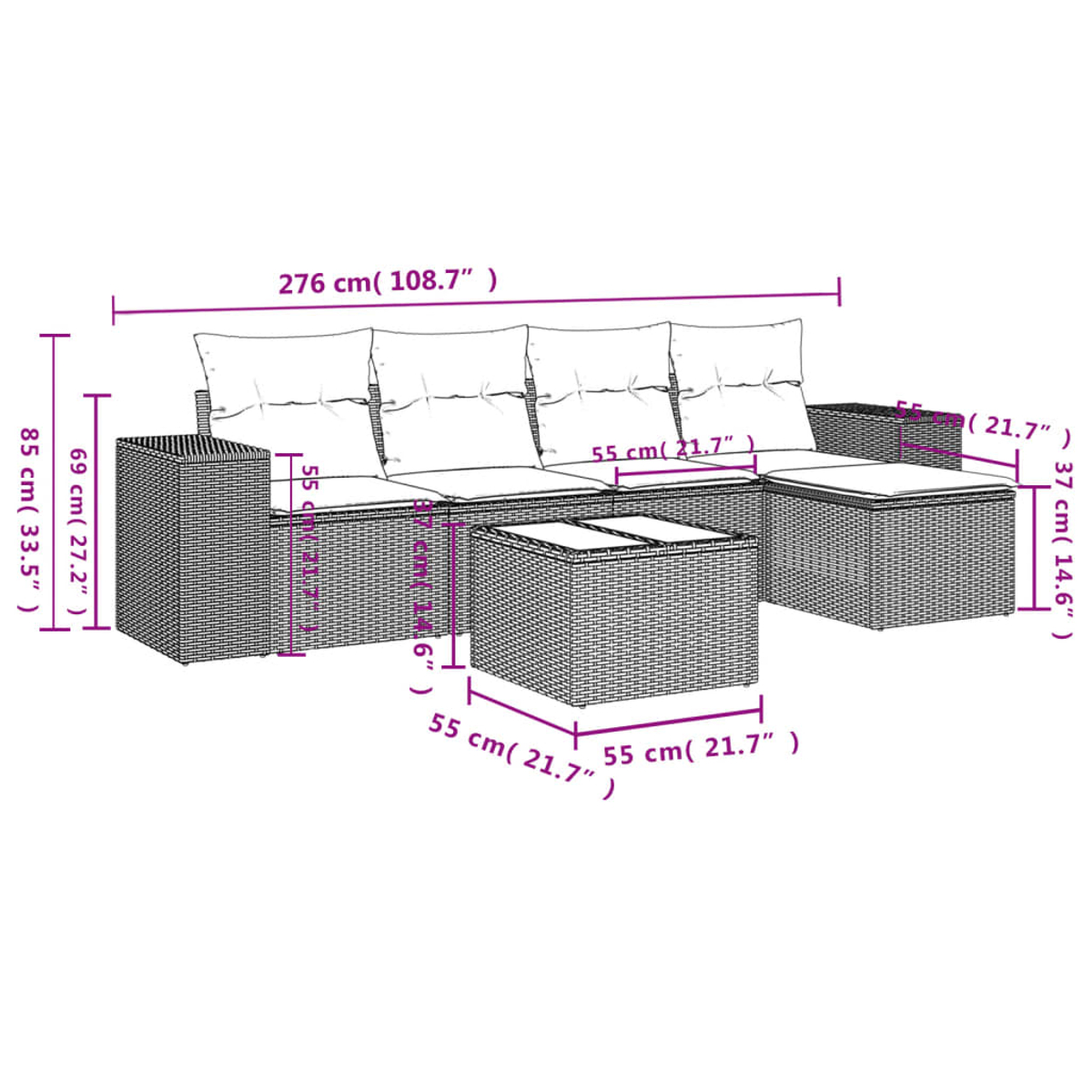 Geflochtenes Outdoor-Sofaset mit Maßangaben auf weißem Hintergrund.