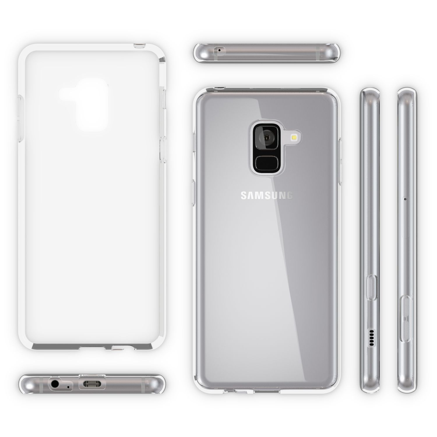 Componentes de la funda del teléfono. Una funda transparente rodea un teléfono, mostrando vistas laterales y superiores.