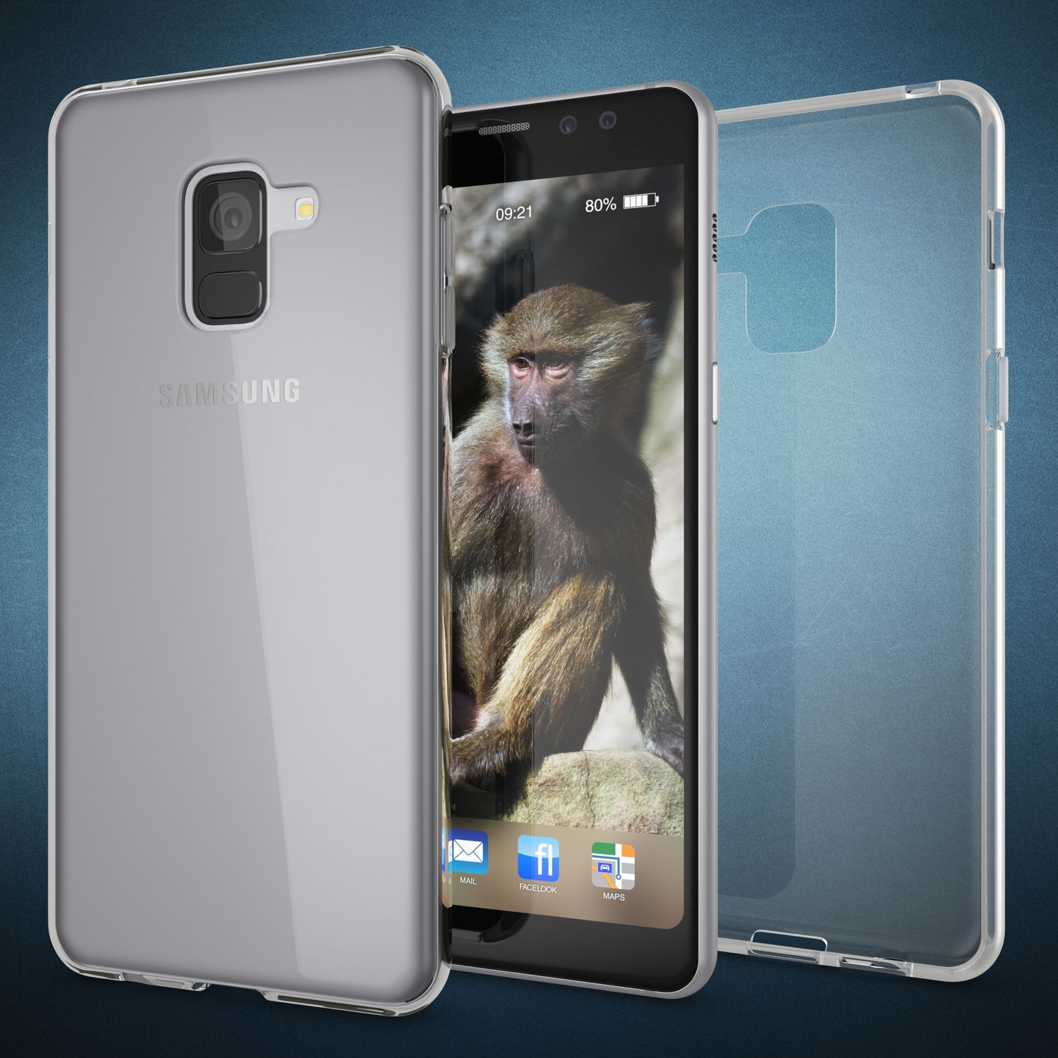 Un teléfono con una funda transparente. El teléfono muestra una imagen de un mono. La funda es transparente.