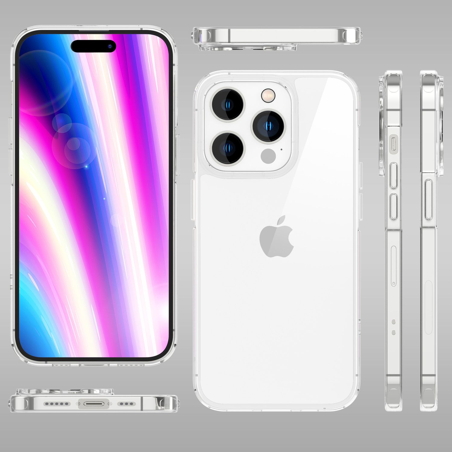 Telefon in transparenter Hülle, mehrere Winkel gezeigt. Das Telefon hat eine weiße Rückseite und klare Seiten.