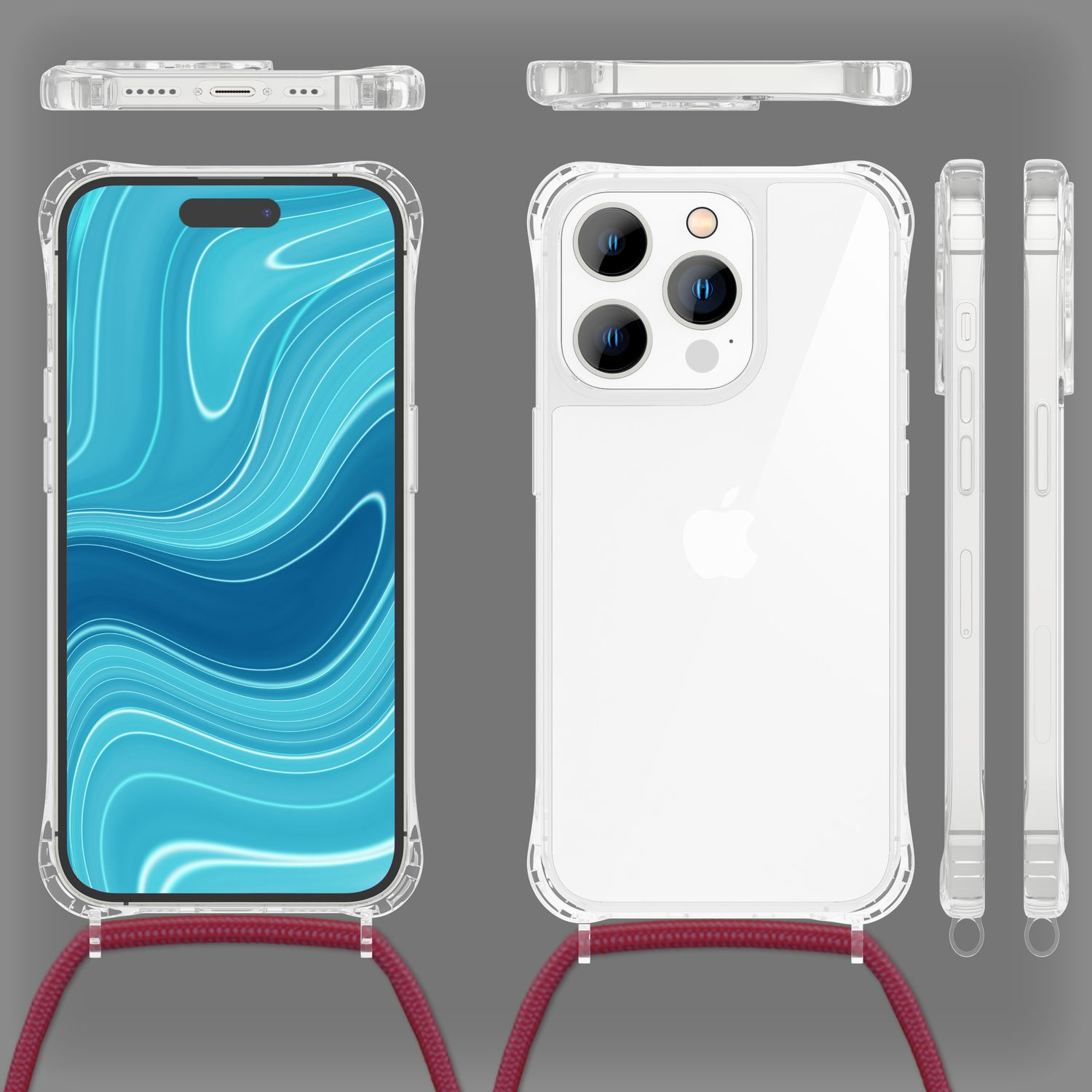 Transparente Handyhülle mit Riemen. Die Handyhülle ist an einem Riemen befestigt. Mehrere Winkel werden gezeigt.