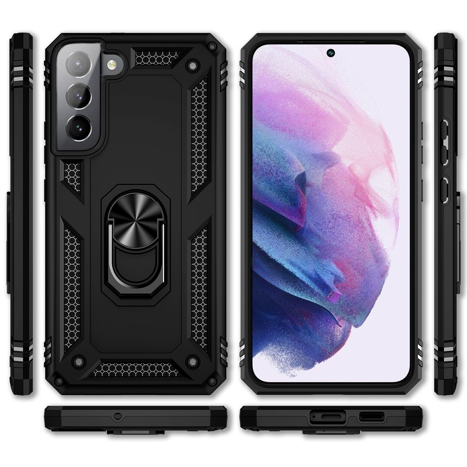 Schwarze Handyhülle mit Ringhalter, verschiedene Ansichten. Zeigt das Design der Hülle mit Telefon- und Seitenansichten.
