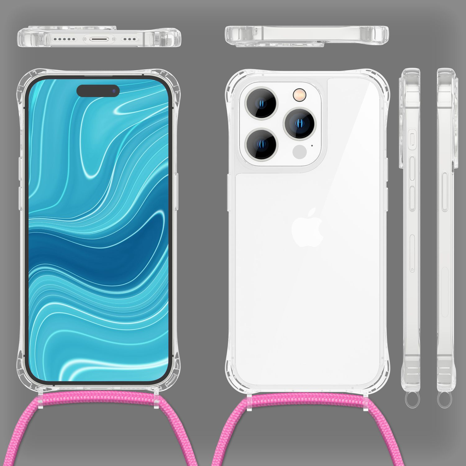 Transparente Handyhülle mit pinkfarbenem Schlüsselband, verschiedene Winkel. Zeigt das Design der Handyhülle und das Telefon darin.