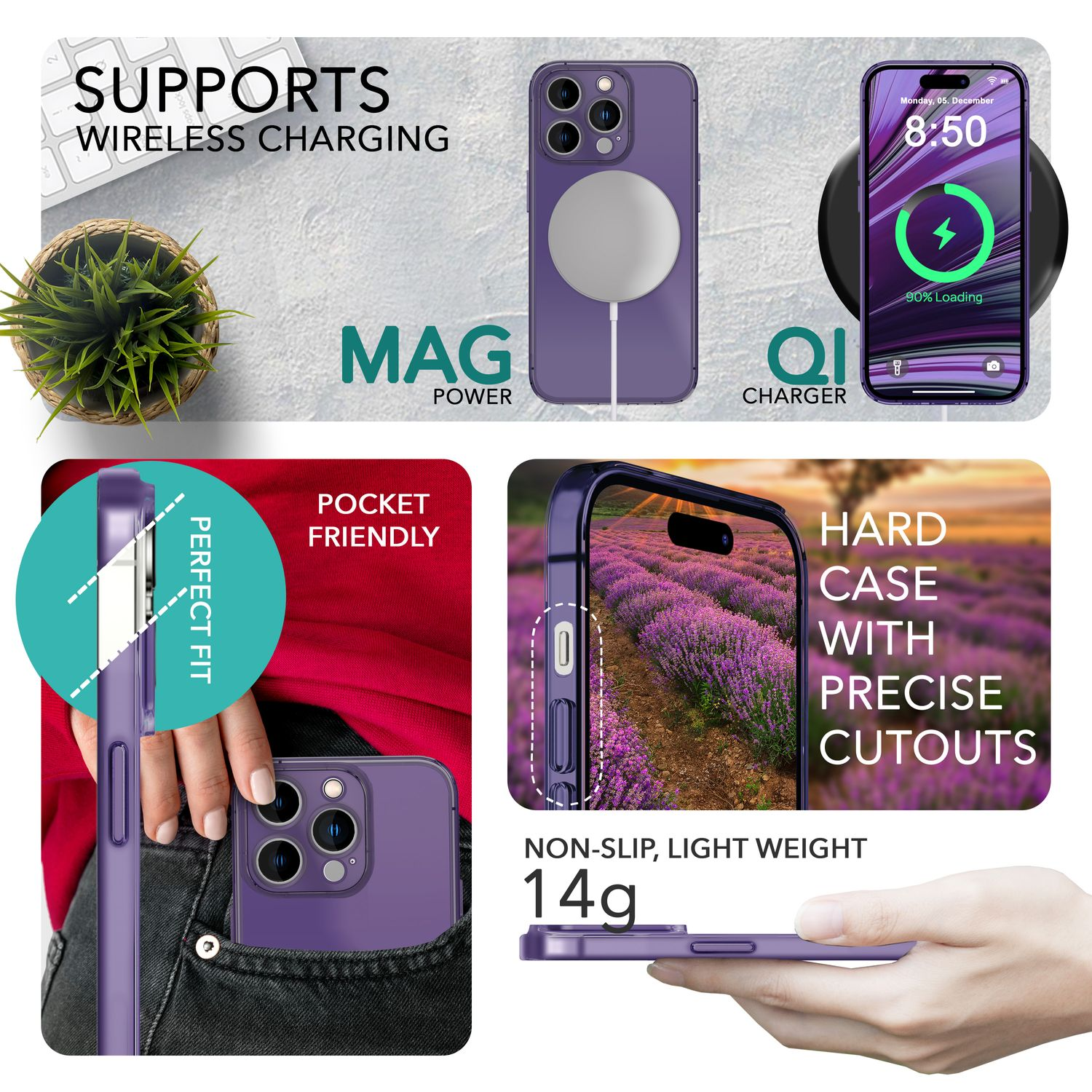 Funda de teléfono morada con diseño de campo de lavanda en el interior. Texto: Admite carga inalámbrica, bolsillo, funda rígida.