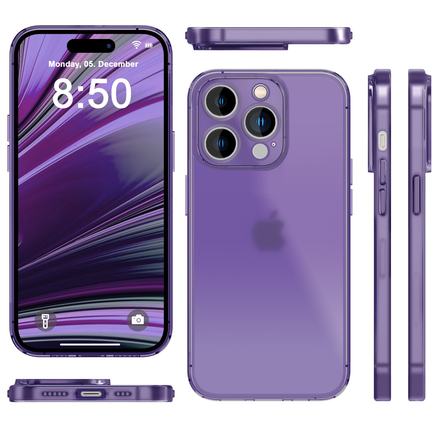iPhone morado con funda, múltiples vistas.