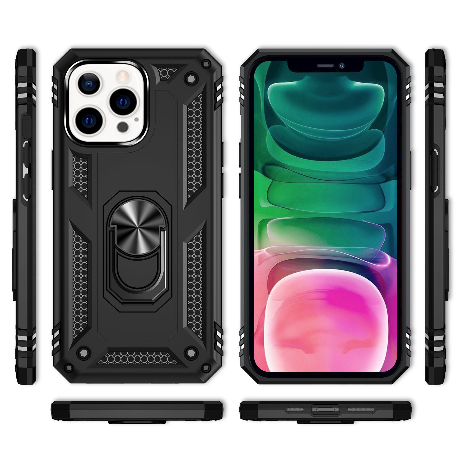 Schwarze Handyhülle mit Ringhalter, verschiedene Ansichten. Zeigt das Design der Hülle mit Telefon- und Seitenansichten.