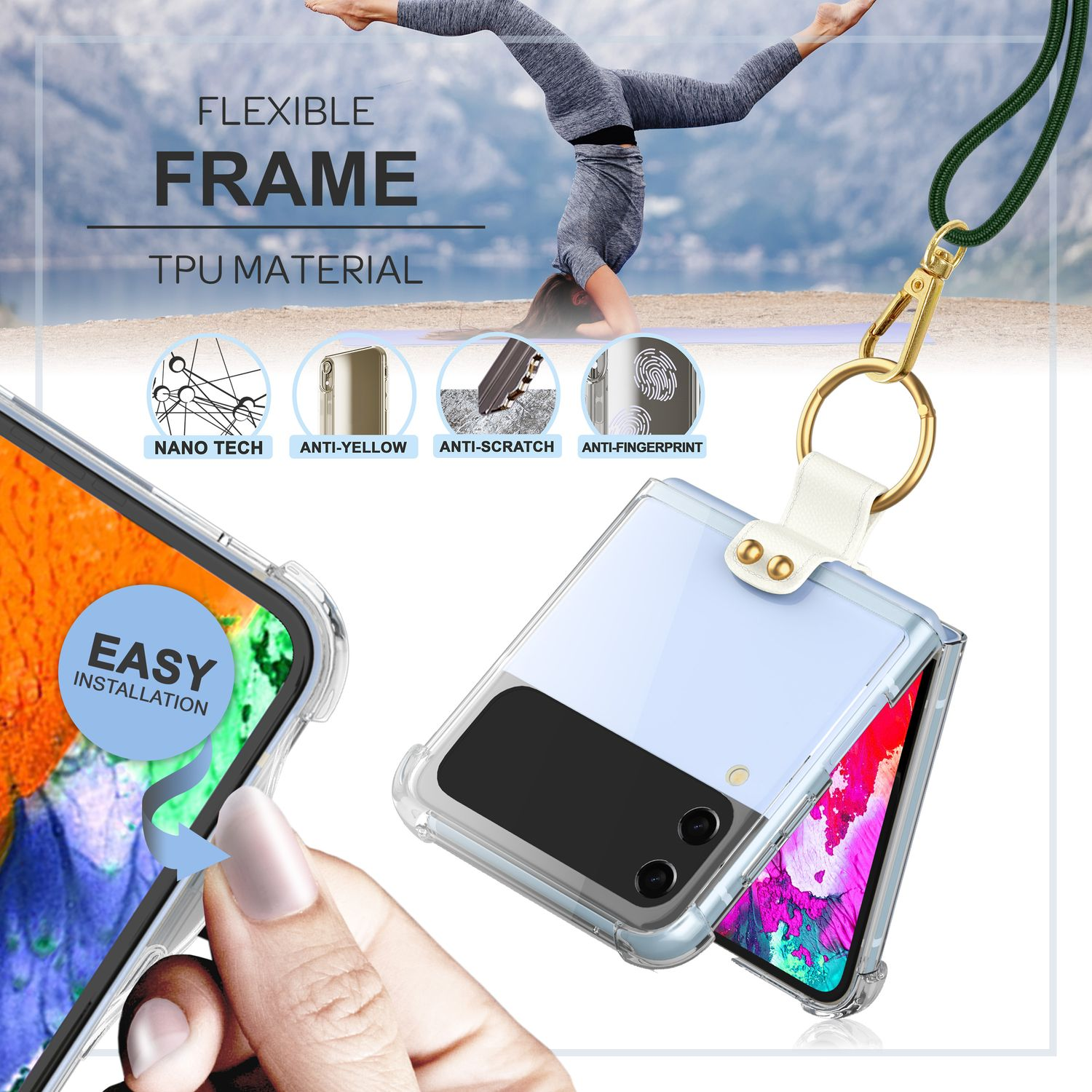 Transparente Handyhülle mit Hand, die Telefon hält, Frau beim Yoga. Hüllendetails: Nano Tech, Anti-Gelb, Anti-Kratzer, Anti-Fingerabdruck.