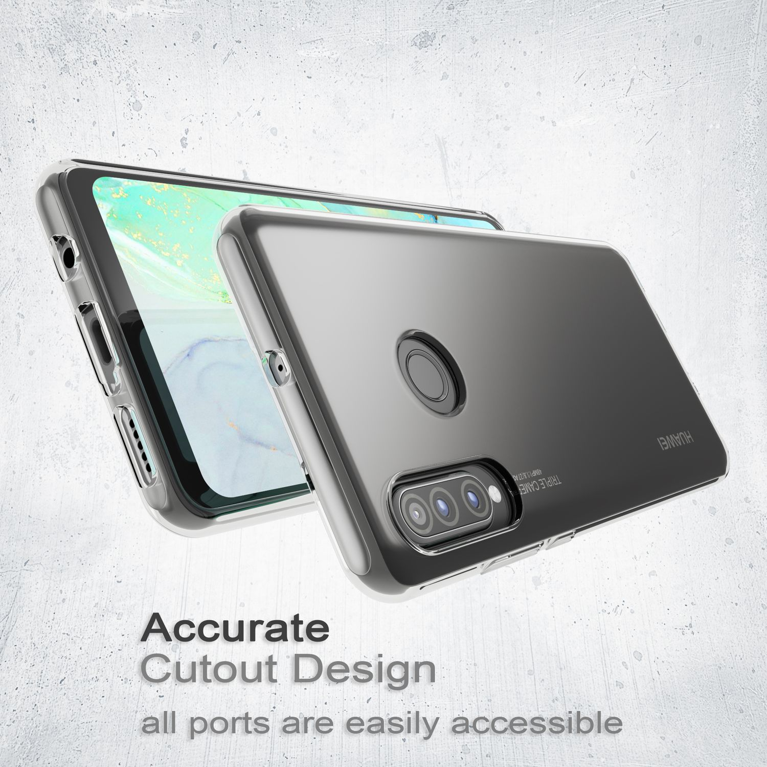 Una custodia per telefono argento e nera. Testo: Design ritaglio accurato, tutte le porte sono facilmente accessibili.
