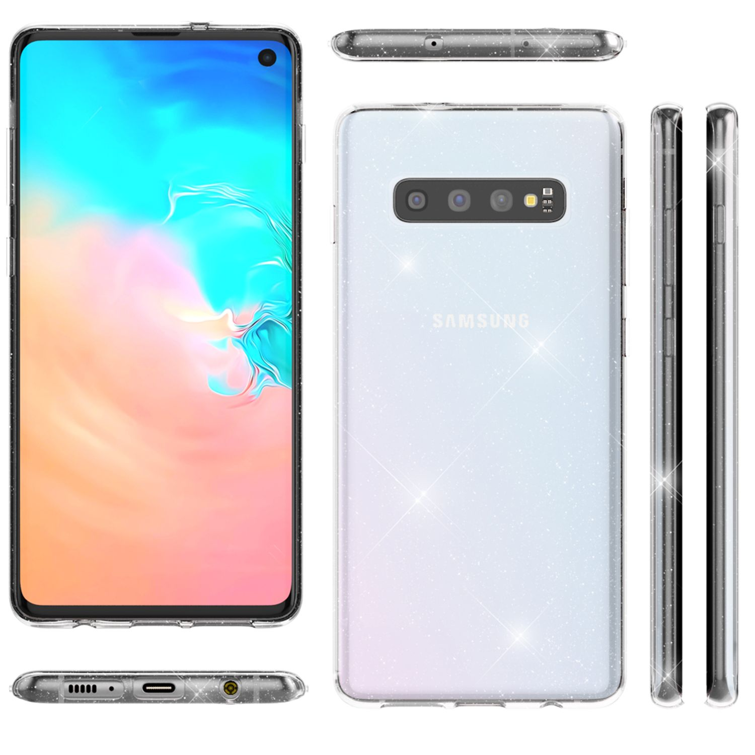 Transparente Glitzer-Handyhülle, verschiedene Ansichten. Hülle mit einem Samsung-Telefon im Inneren, zeigt das Hüllendesign.