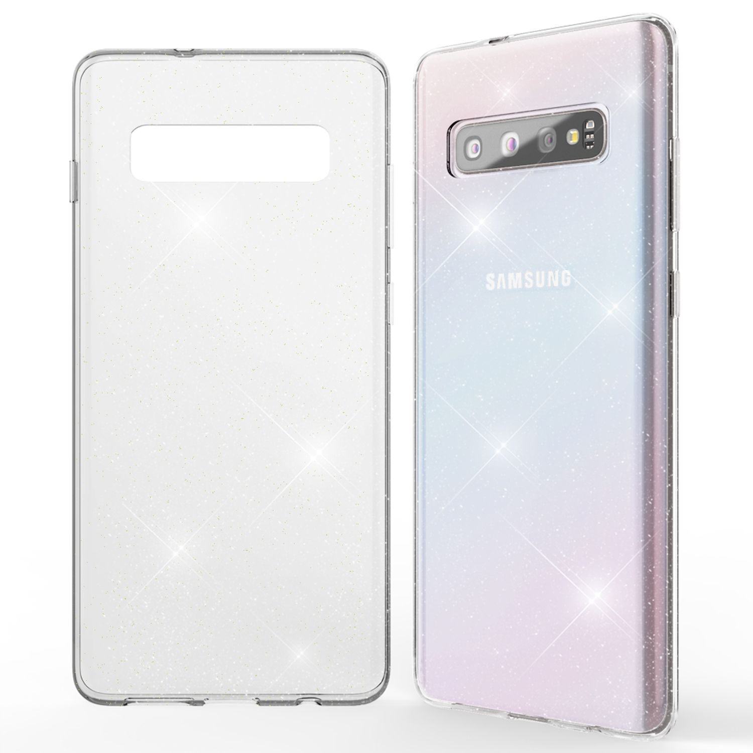 Glitzernde Handyhülle auf weißem Hintergrund. Die Handyhülle ist hell, mit Sternen auf der Rückseite.