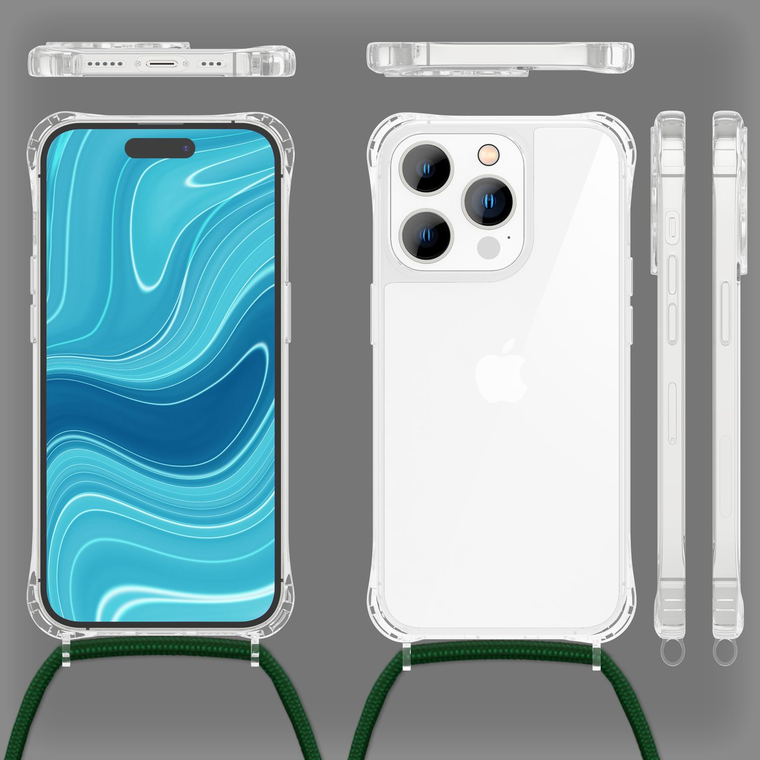 Transparente Handyhülle mit grünem Schlüsselband, verschiedene Ansichten. Hülle mit Telefon, zeigt das Hüllendesign.