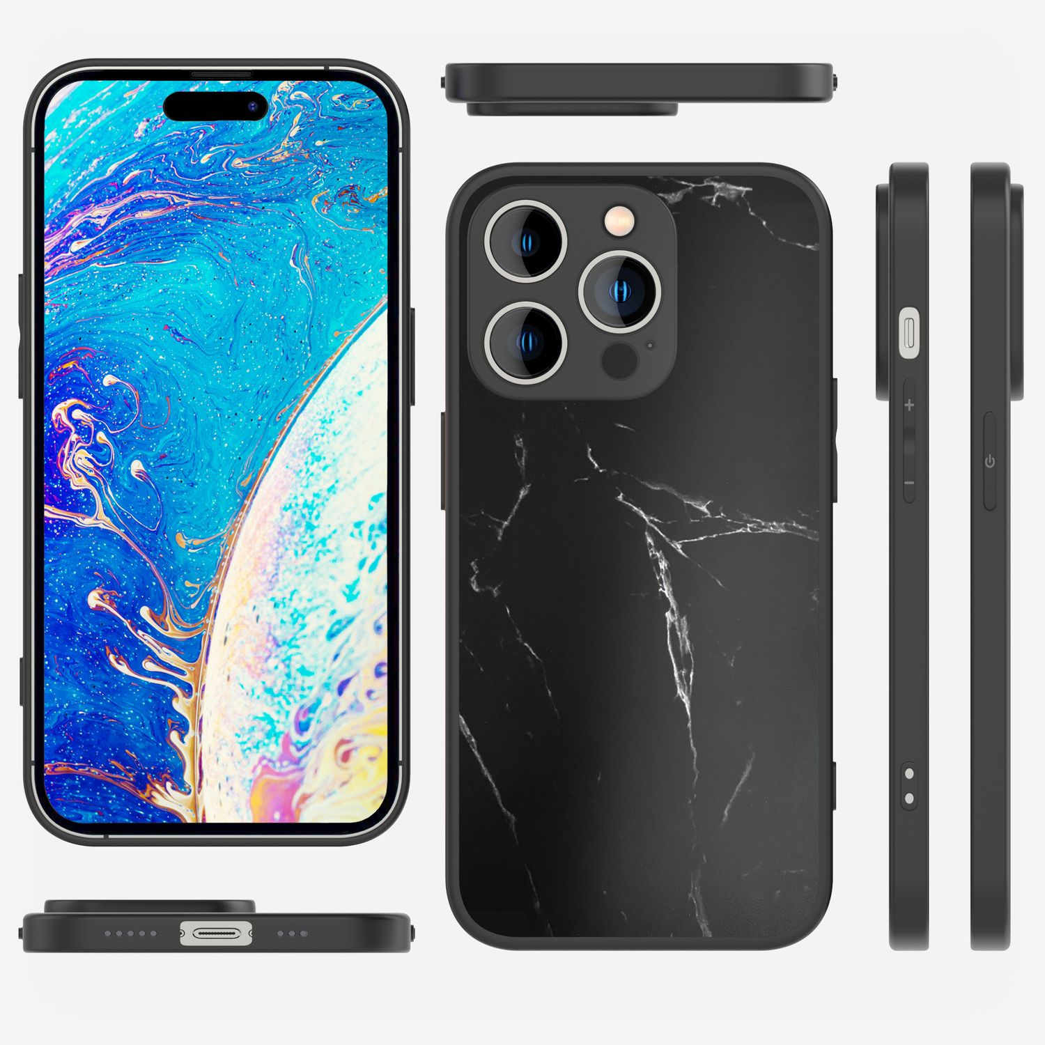 Schwarzes iPhone mit Marmorgehäuse. Zeigt Vorder-, Rück- und Seitenansichten. Bildschirm zeigt bunten Hintergrund. Verschiedene Winkel des Handycases.