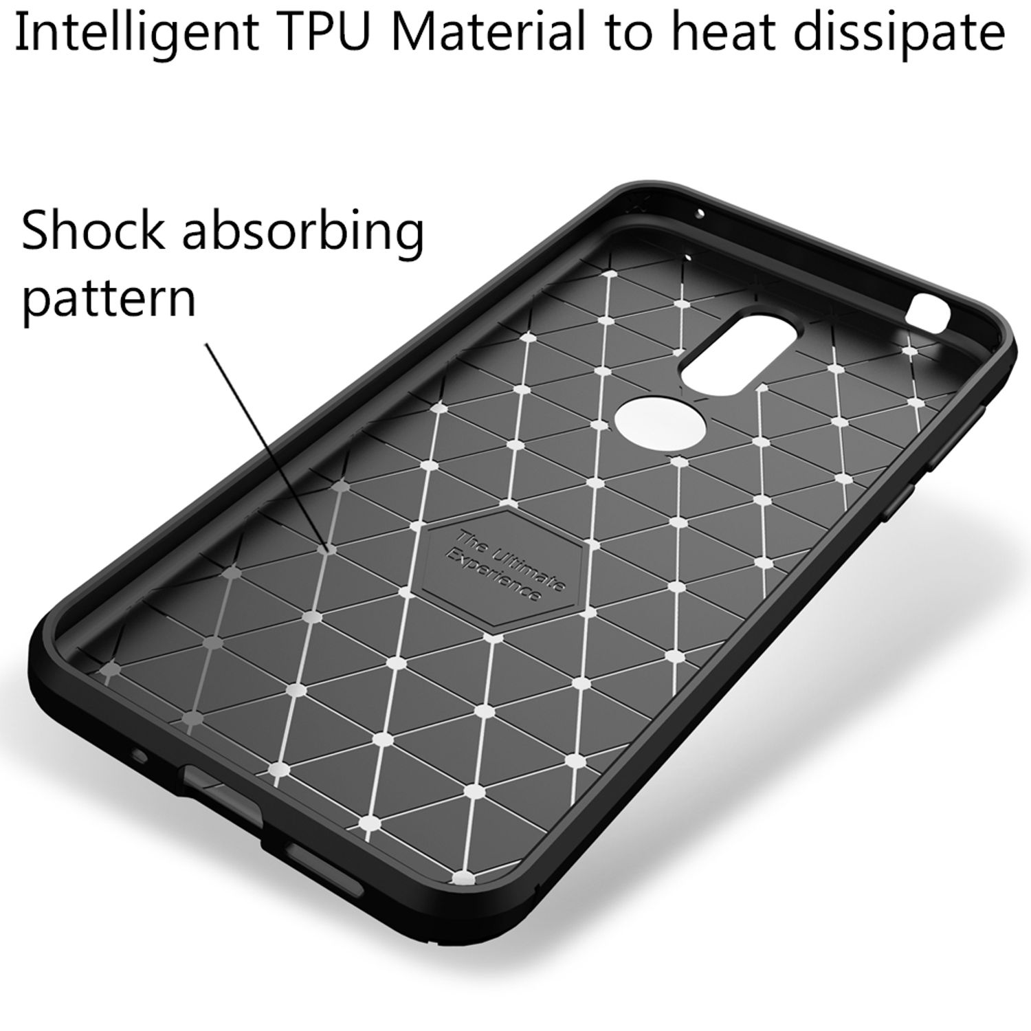 Schwarze Handyhülle mit geometrischem Muster und Texten, 'Stoßabsorbierendes Muster' und 'Intelligentes TPU-Material'.