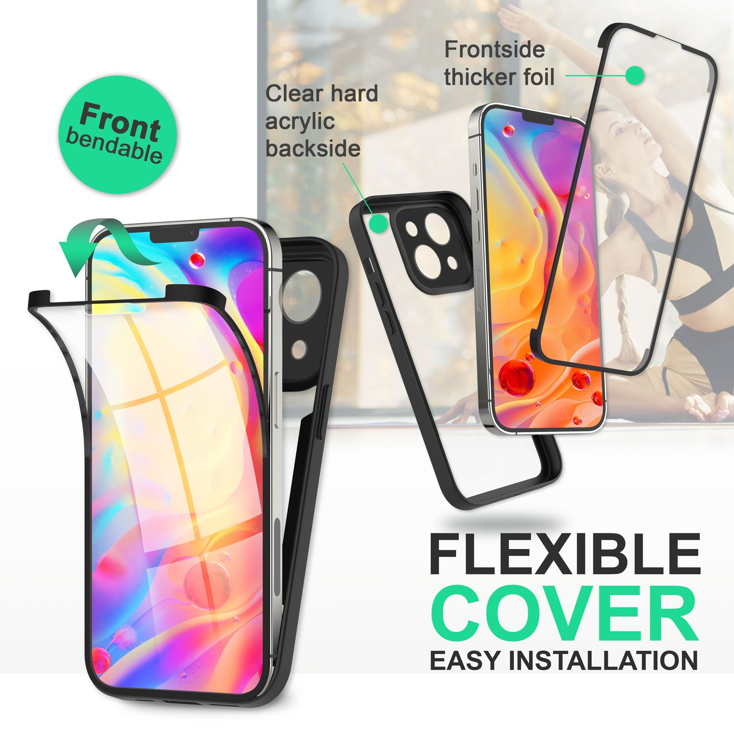 Funda transparente para teléfono con frontal flexible, mostrando un diseño colorido. El texto dice 'Cubierta flexible'.