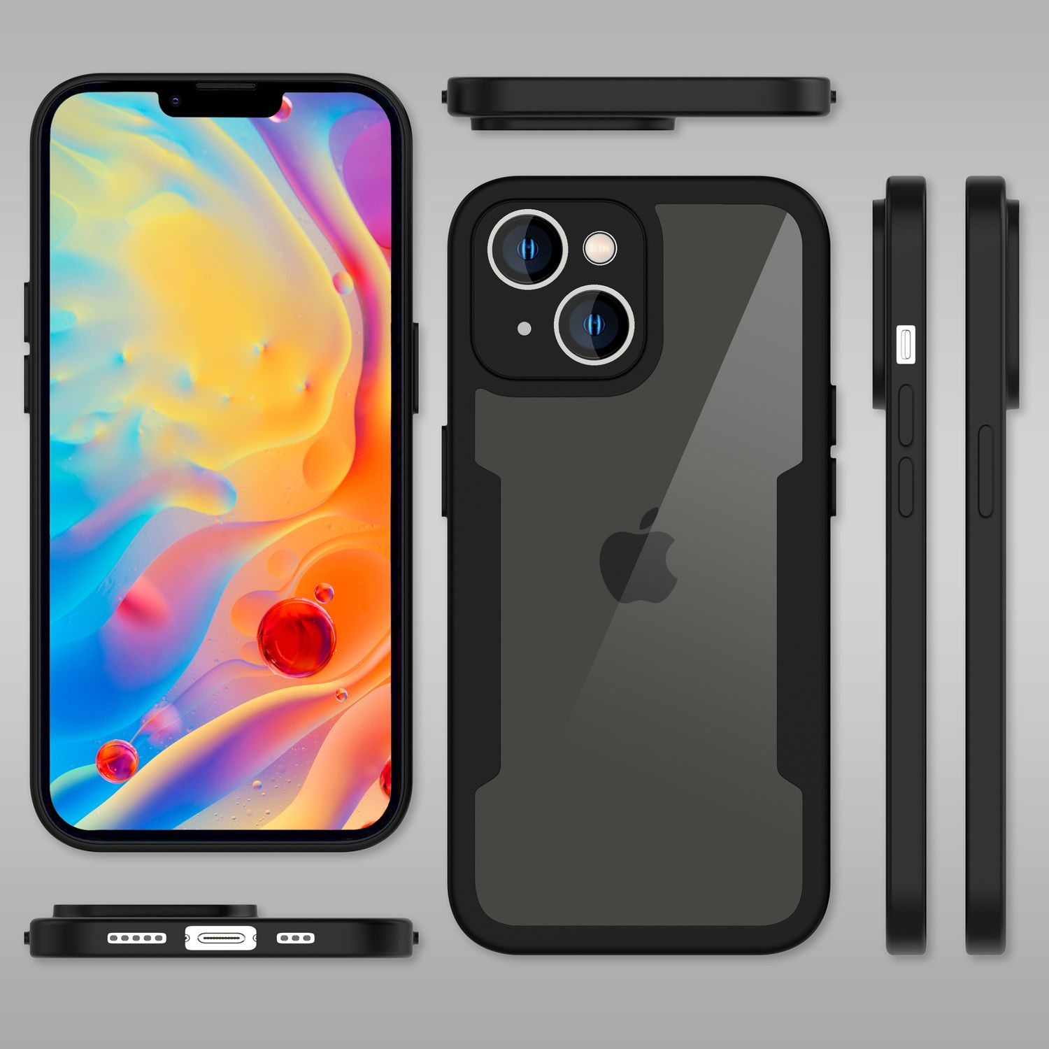 Una funda de teléfono negra con marco negro. La funda muestra el teléfono y tiene múltiples vistas.