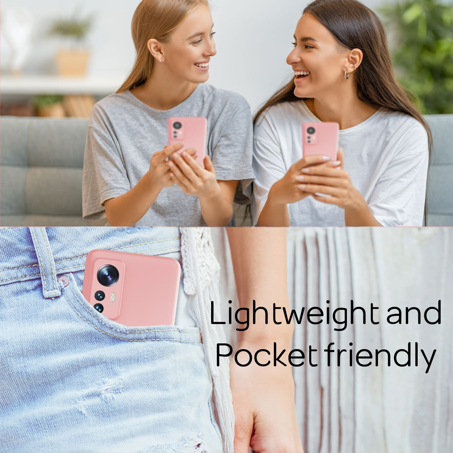 Zwei junge Frauen halten rosa Telefone, mit einer Hosentaschenaufnahme eines rosa Telefons. Text: Leicht und taschenfreundlich.