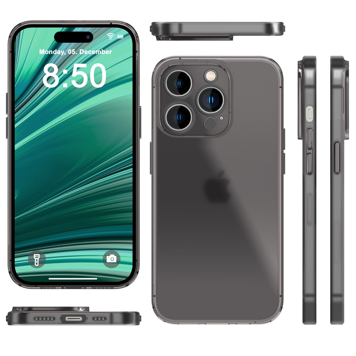 Funda de teléfono inteligente. El teléfono muestra una pantalla verde con la hora. Múltiples ángulos visibles.