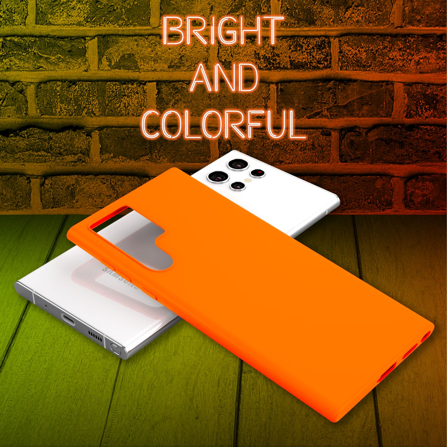 Cover arancione per telefono. Telefono e custodia bianchi visibili. Testo: Luminoso e colorato su sfondo muro di mattoni.