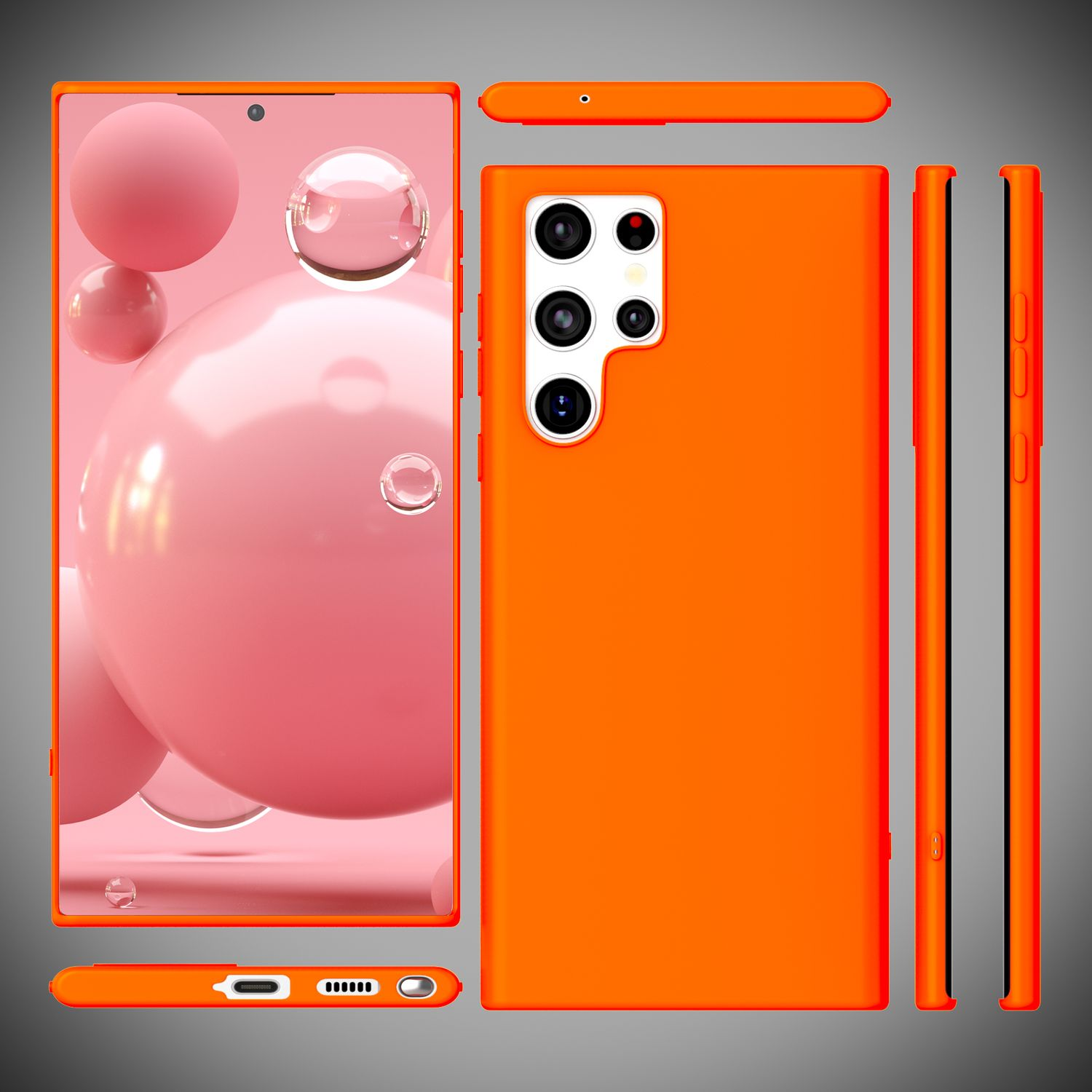 Custodia arancione per telefono con telefono all'interno. Sfere rosa sullo sfondo. Angolazioni multiple.