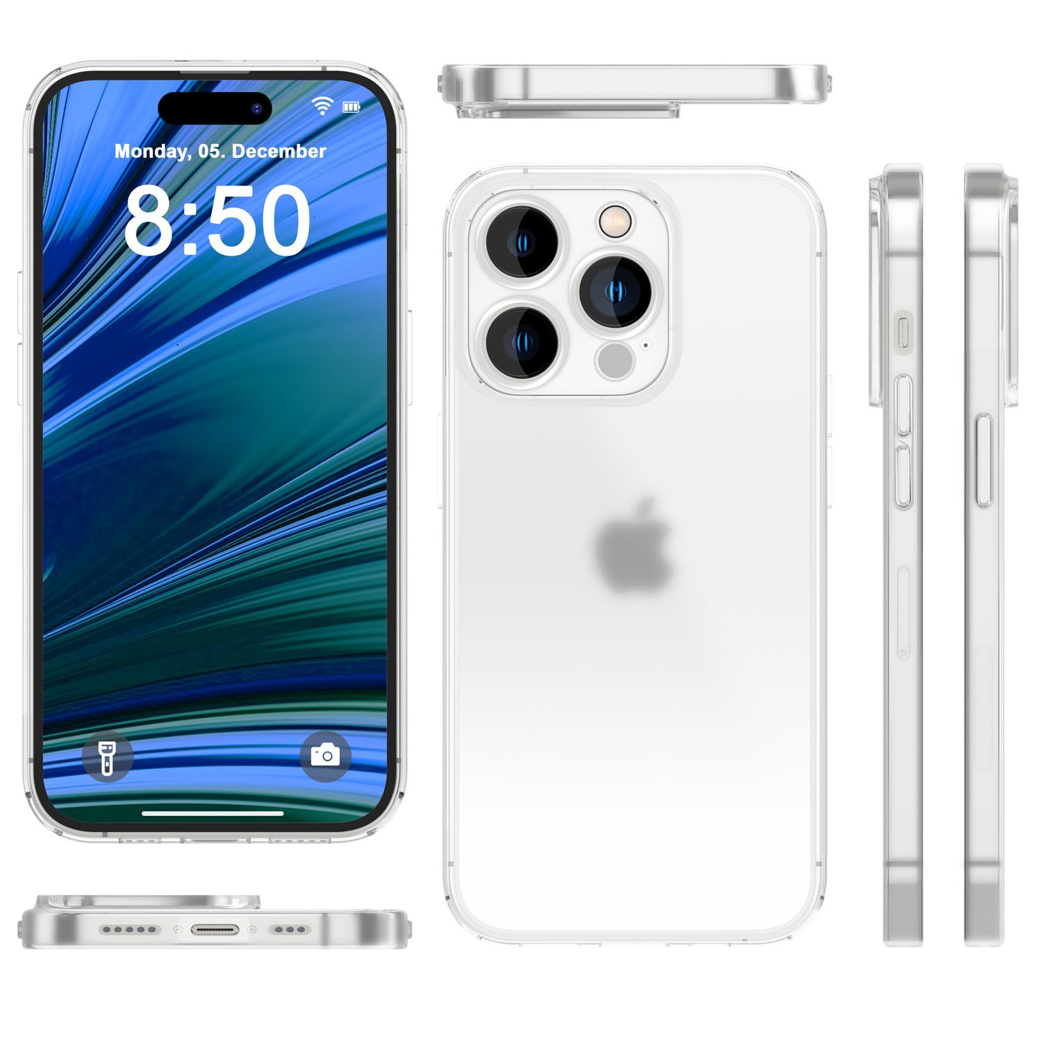 Funda transparente para teléfono. Teléfono dentro, la pantalla muestra la hora y el porcentaje de batería. Varios ángulos.