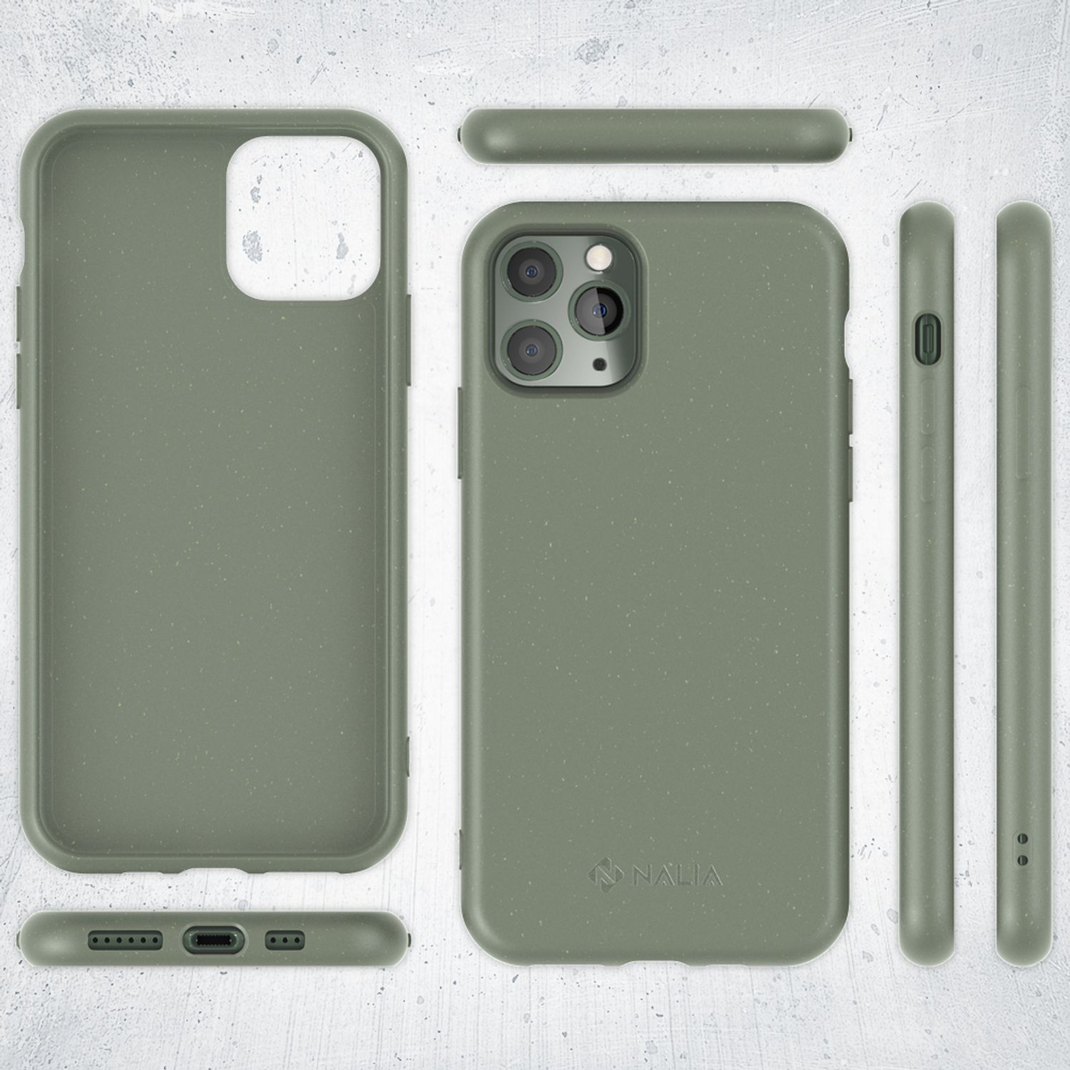 Funda de teléfono verde con varias partes, sobre superficie blanca, nombre de la marca visible.