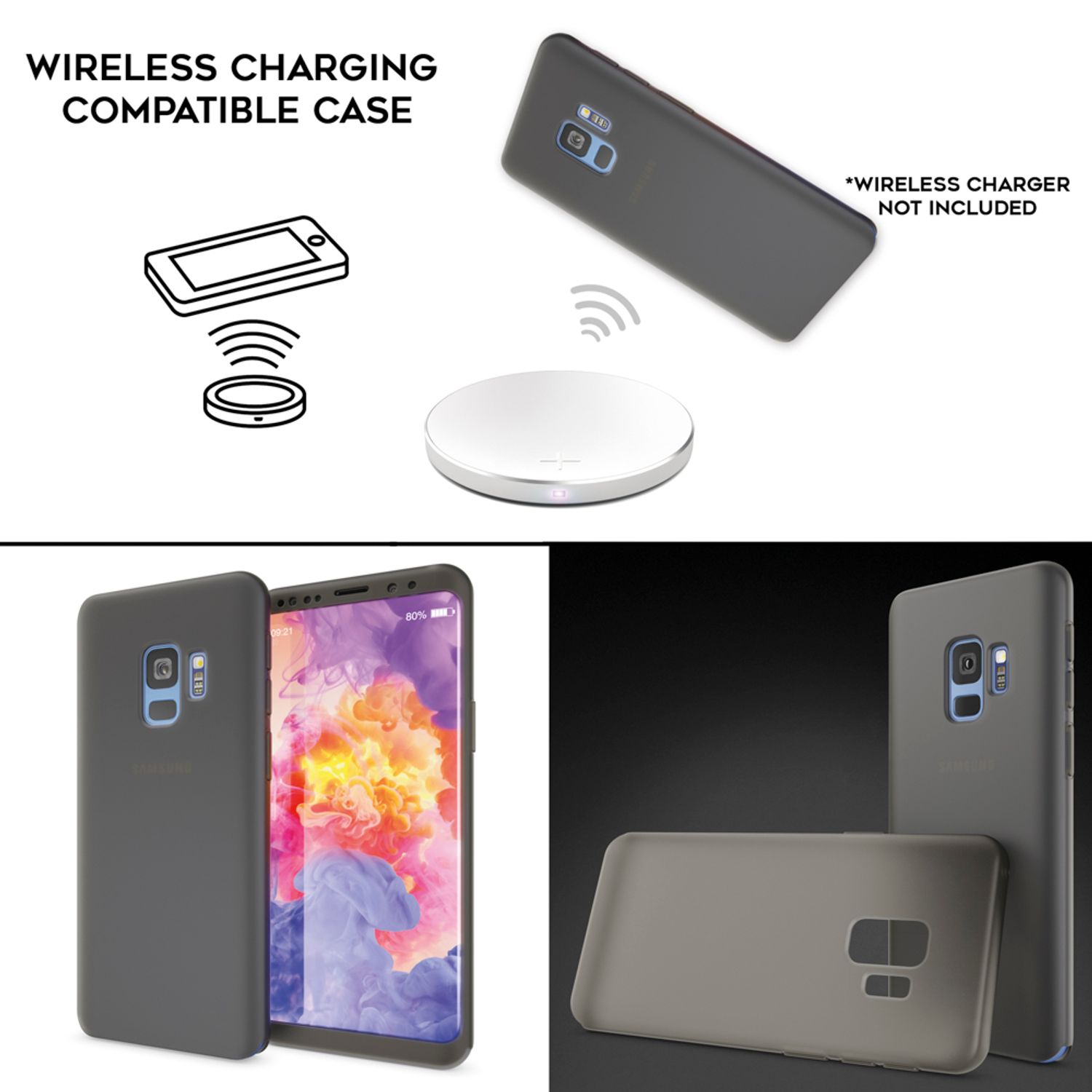 Drahtlos ladende Handyhüllen, mit Ladegerät und Telefon.