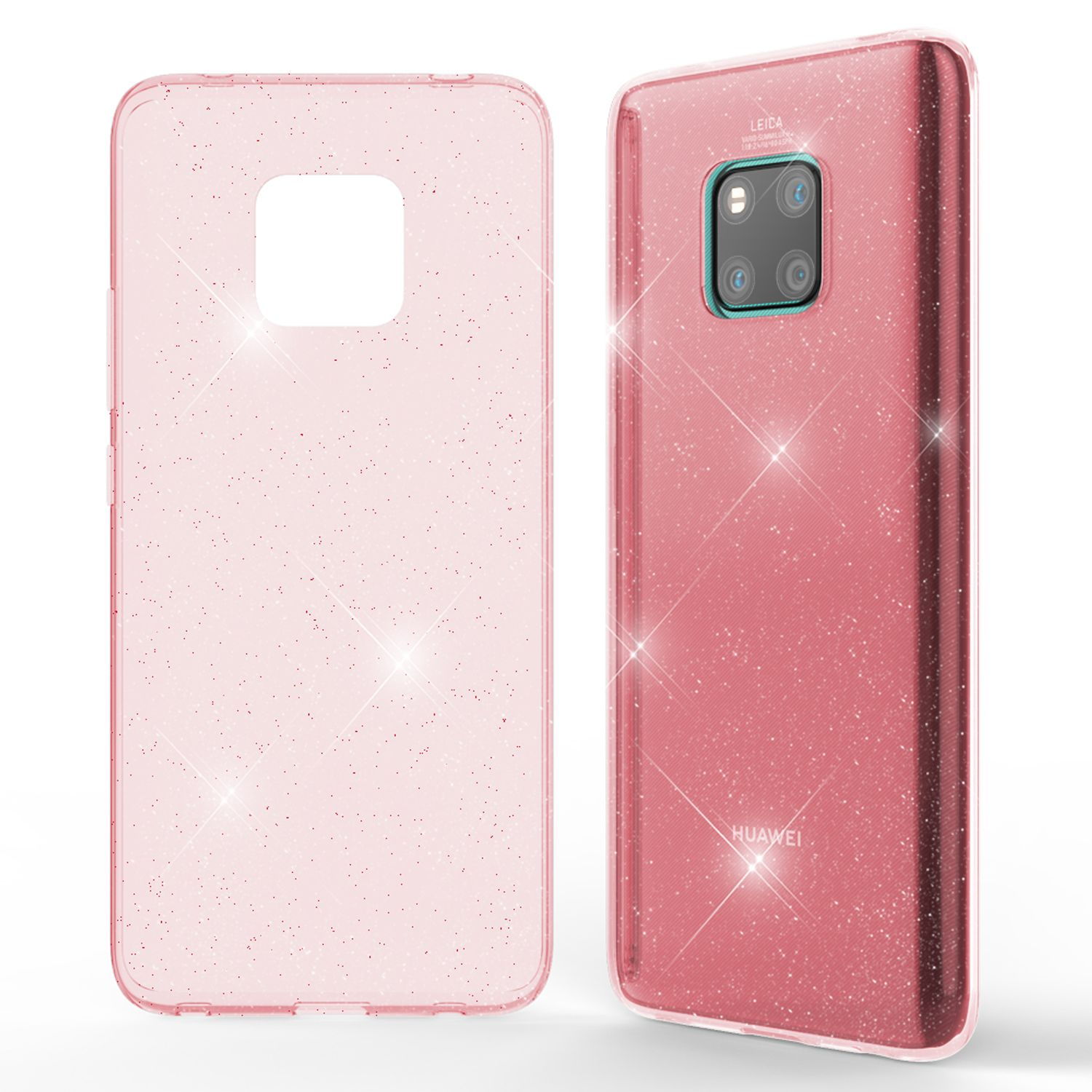 Rosa Handyhülle mit Telefon darin. Mehrere Winkel sichtbar. Glitzereffekt.
